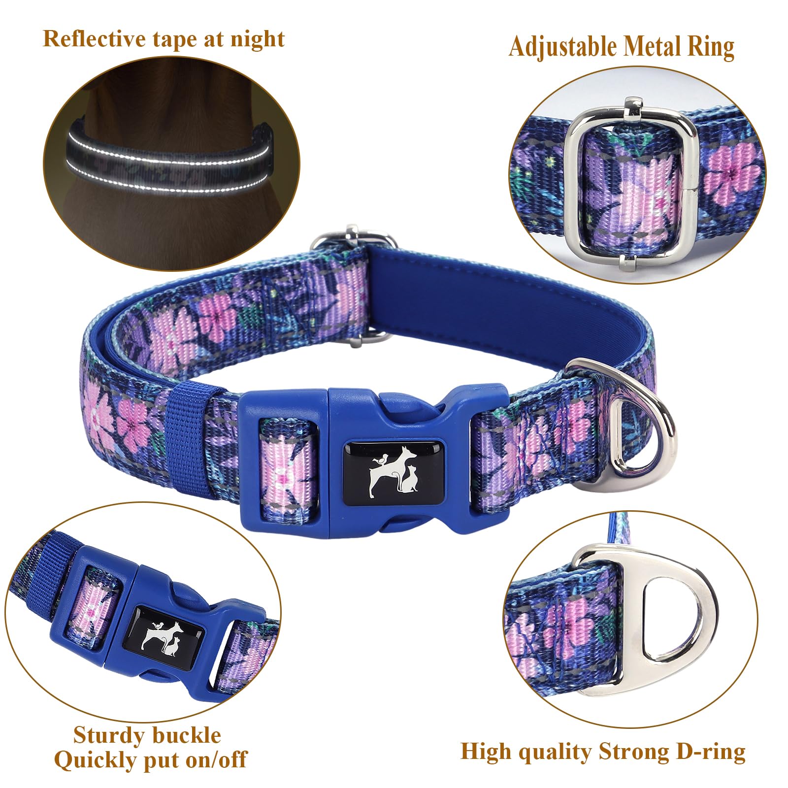 Reflective Dog Collar For Medium, Large & Extra Large Dogs - Adjustable Floral Design Stylish Gift Pet Collars For Walking, Runn