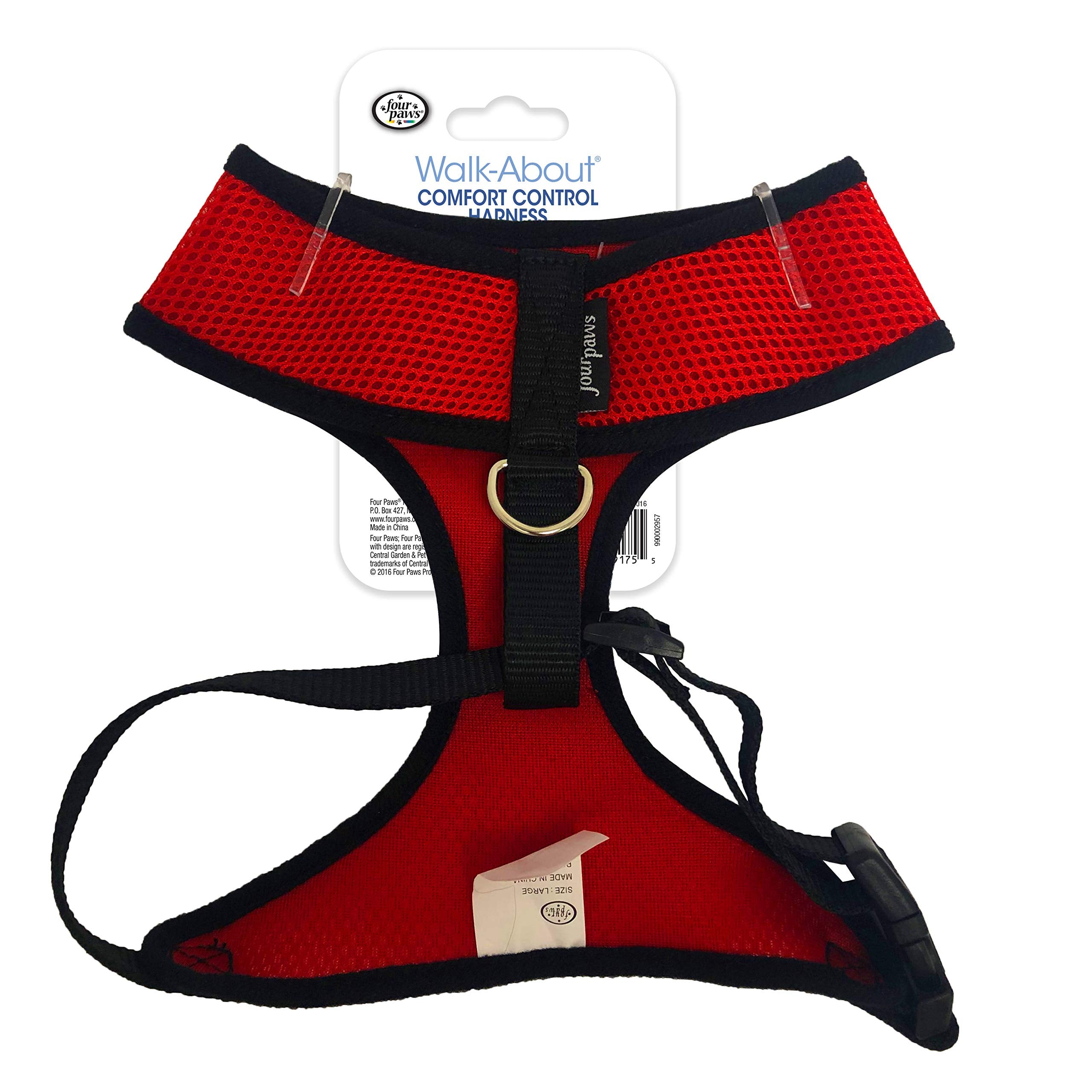 Four Paws Walk-About Comfort Control No-Pull Harness For Dogs, Adjustable Soft Padded Breathable Air Mesh Dog Vest For Walking, Red, Large