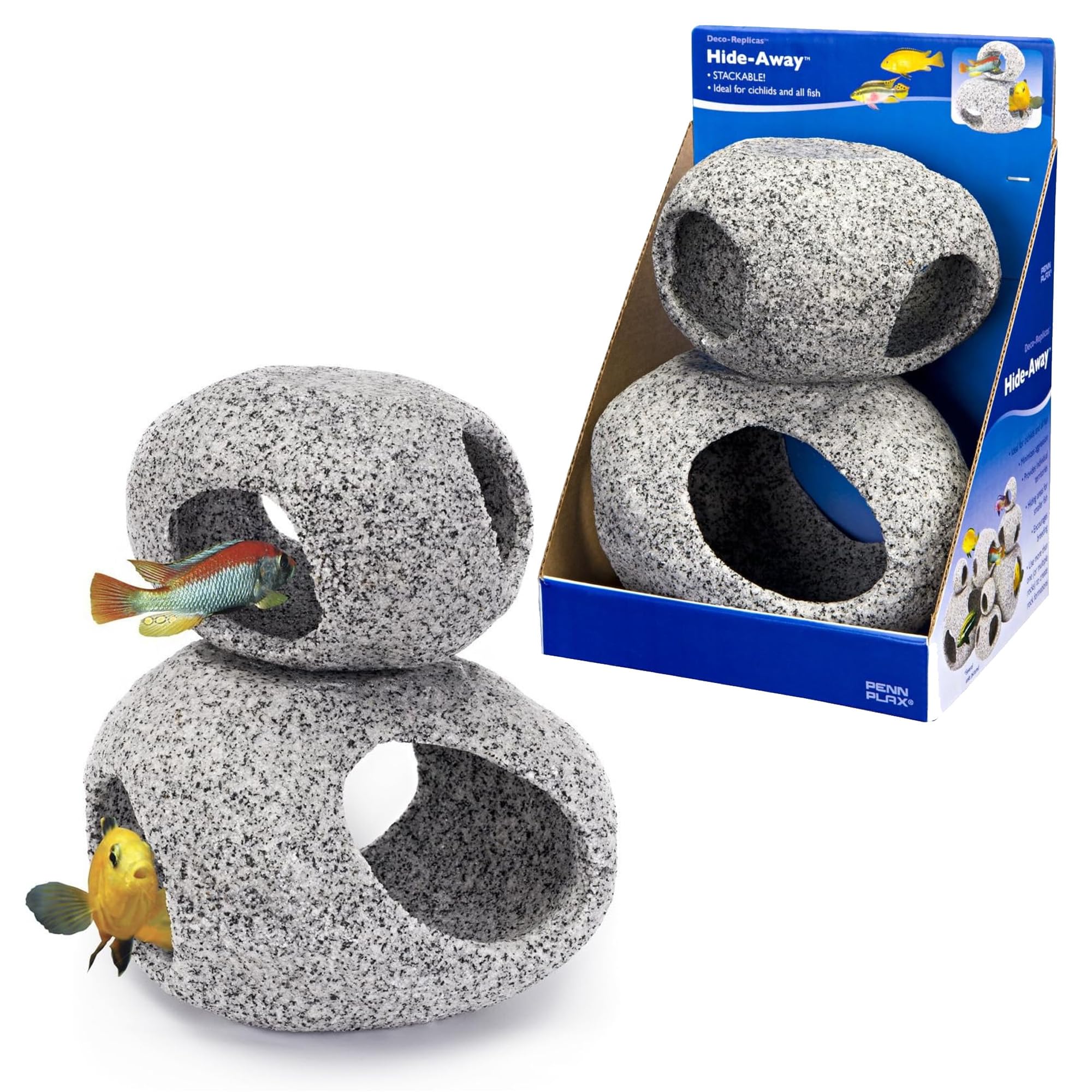 Penn-Plax Deco-Replicas Granite Stone Hideaway, 2 Piece Aquarium Decor Set - Durable, Stackable Fish Cave Ornament for Freshwate