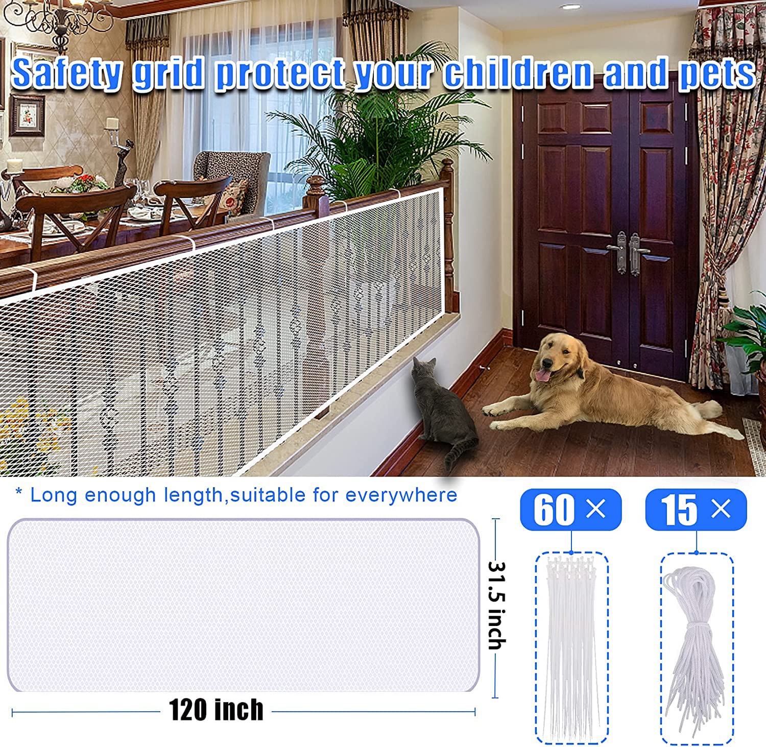 Stairway Net - Baby Safety Rail - Balcony Railing Guard -10Ft L X 2.64Ft H Banister Proofing Stair For Child, Small Pet,Toy- Indoor & Outdoor(White) 2
