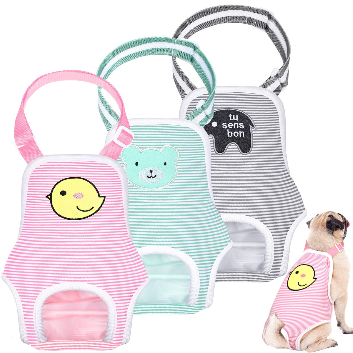 3 Pieces Dog Diaper Striped Sanitary Pantie With Adjustable Suspender Washable Reusable Puppy Sanitary Panties Cute Pet Underwear Diaper Jumpsuits For Female Dogs (Animal Pattern,S)