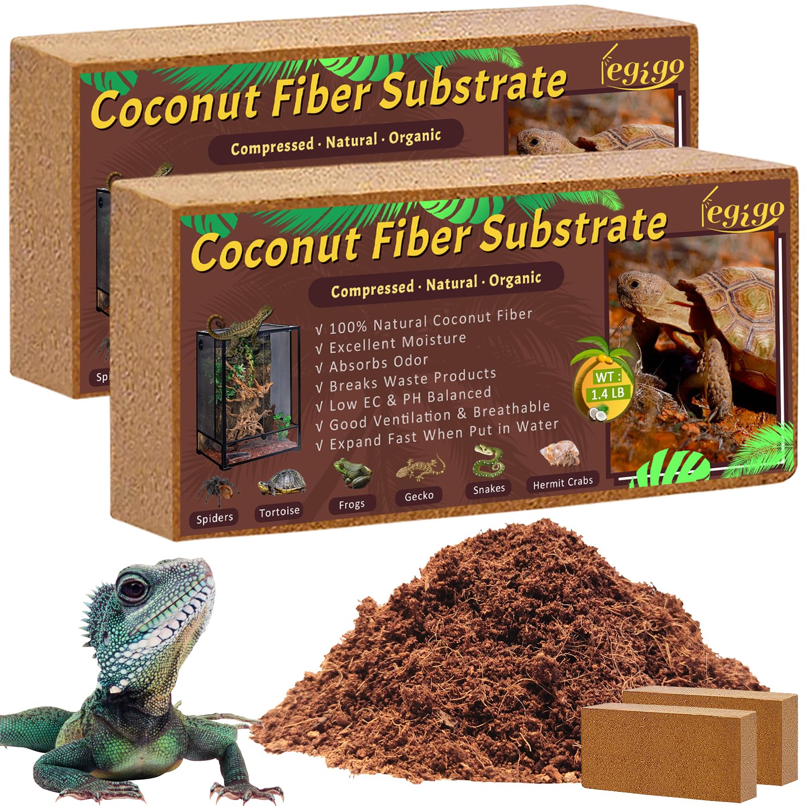 Legigo 2 Pack Compressed Coconut Fiber Substrate - 100% Organic Coconut Fiber Brick Bedding for Reptiles, Natural Coco Husk Subs