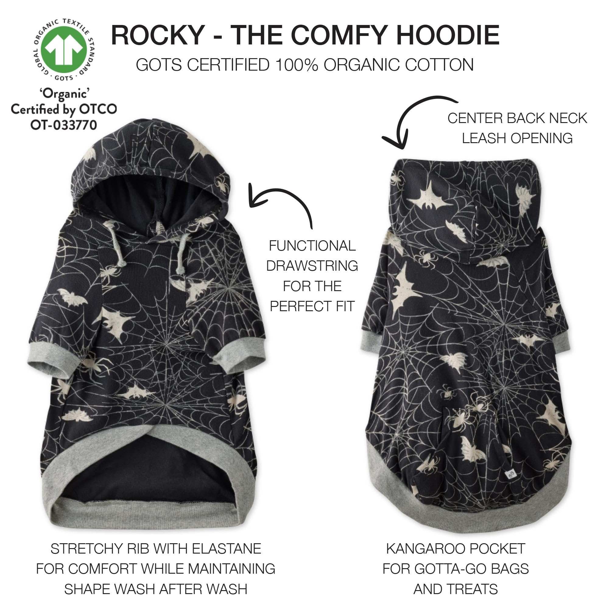 Pet Passion 100% Organic Cotton Dog Hoodie Pet Coat for Small, Medium and Large Dogs, Batty Black, XX-Small