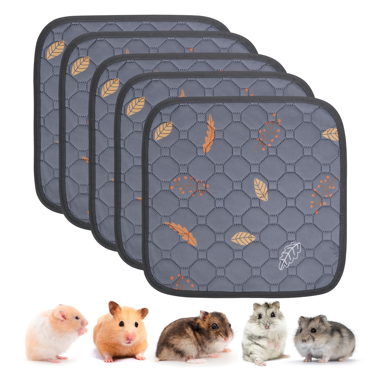 Sunheir Washable Pee Pads For Small Pet 5-Pack, Reusable Pet Training Pads Absorbent & Leak-Free, Waterproof Pee Pads For Dog Cat Rabbit Guinea Pig Hamster, Whelping Pad (Leaves - Deep Grey, 12X12)