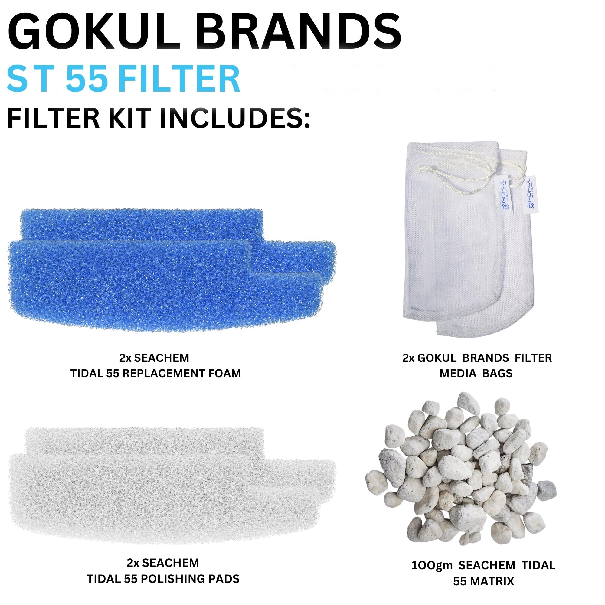 GOKUL BRANDS Tidal 55 Filter Maintenance Kit - Includes Polishing Pads, Foam Filter Sponge, Bio Media, Model ST-55
