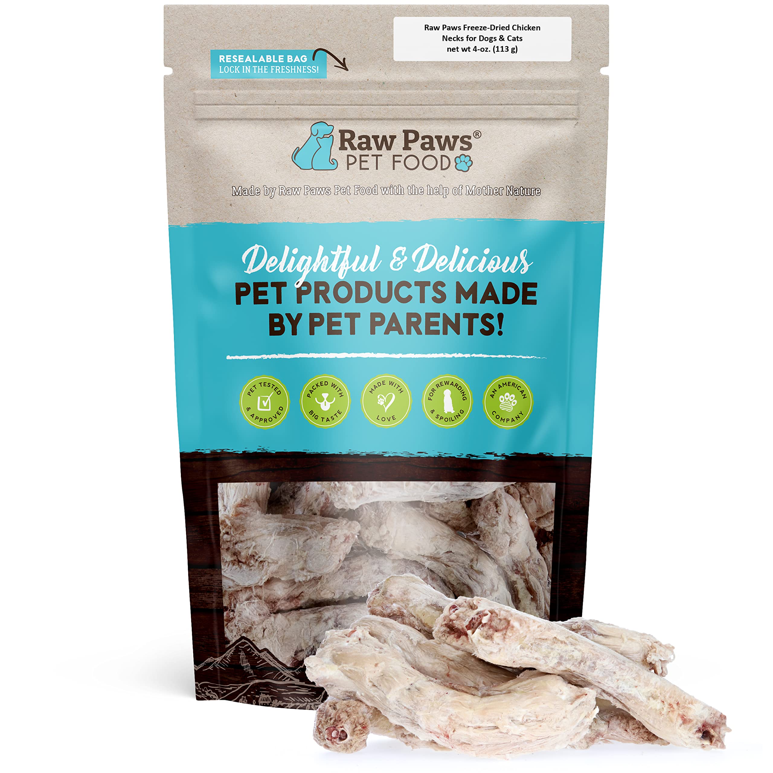 Raw Paws Freeze-Dried Chicken Necks for Dogs & Cats (4-Ounce) - Made in USA - Raw Freeze Dried Dog Treats - Chicken Necks for Ca