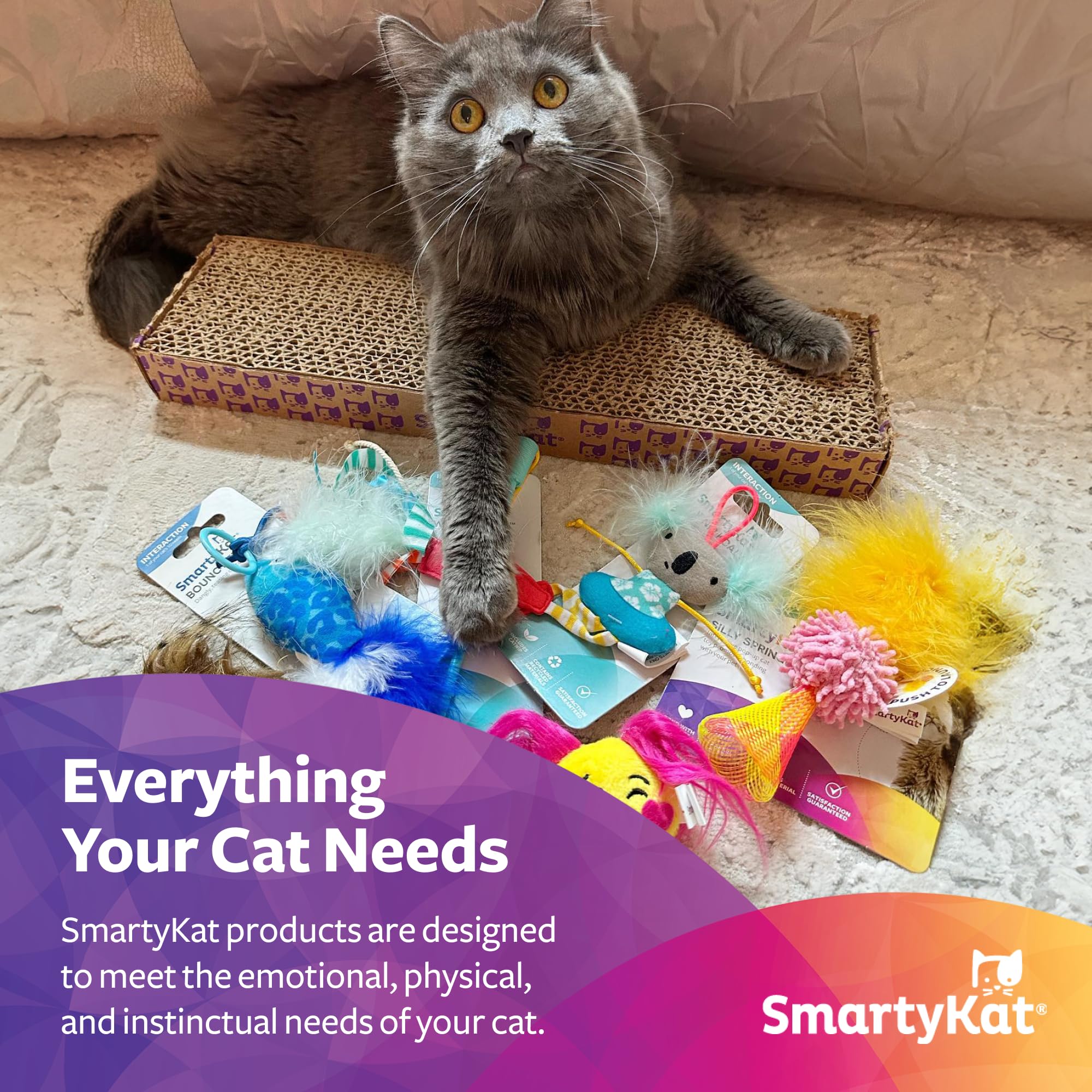 SmartyKat Scratch N Spin Carpet Cat Scratching Post with 2 Spinning Wand Toys, Plus 2 Replacement Wands - Gray & Blue