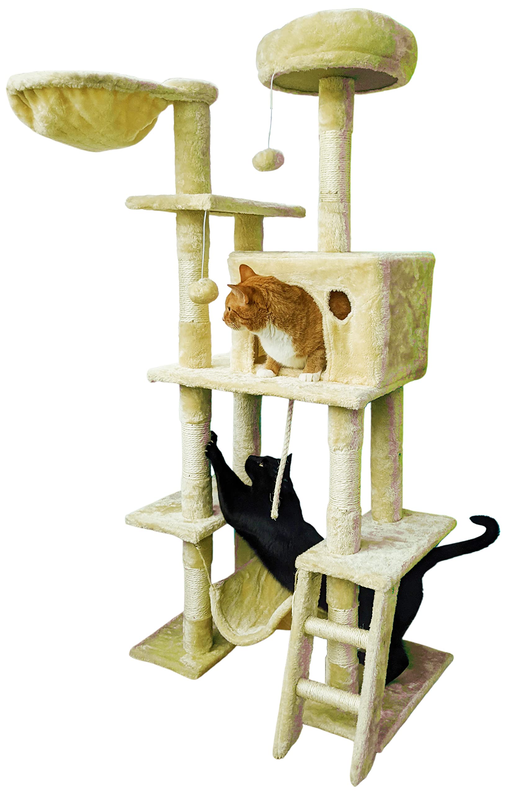 Beige Cat Tree Tower For Indoor Cats & Kittens, 57' Tall Multi-Level With Comfy Perch & Basket, Hideaway Condo, Sisel Scratcher Posts & Ladder, Ball Toys, & Dangling Rope - By Sciencepurchase