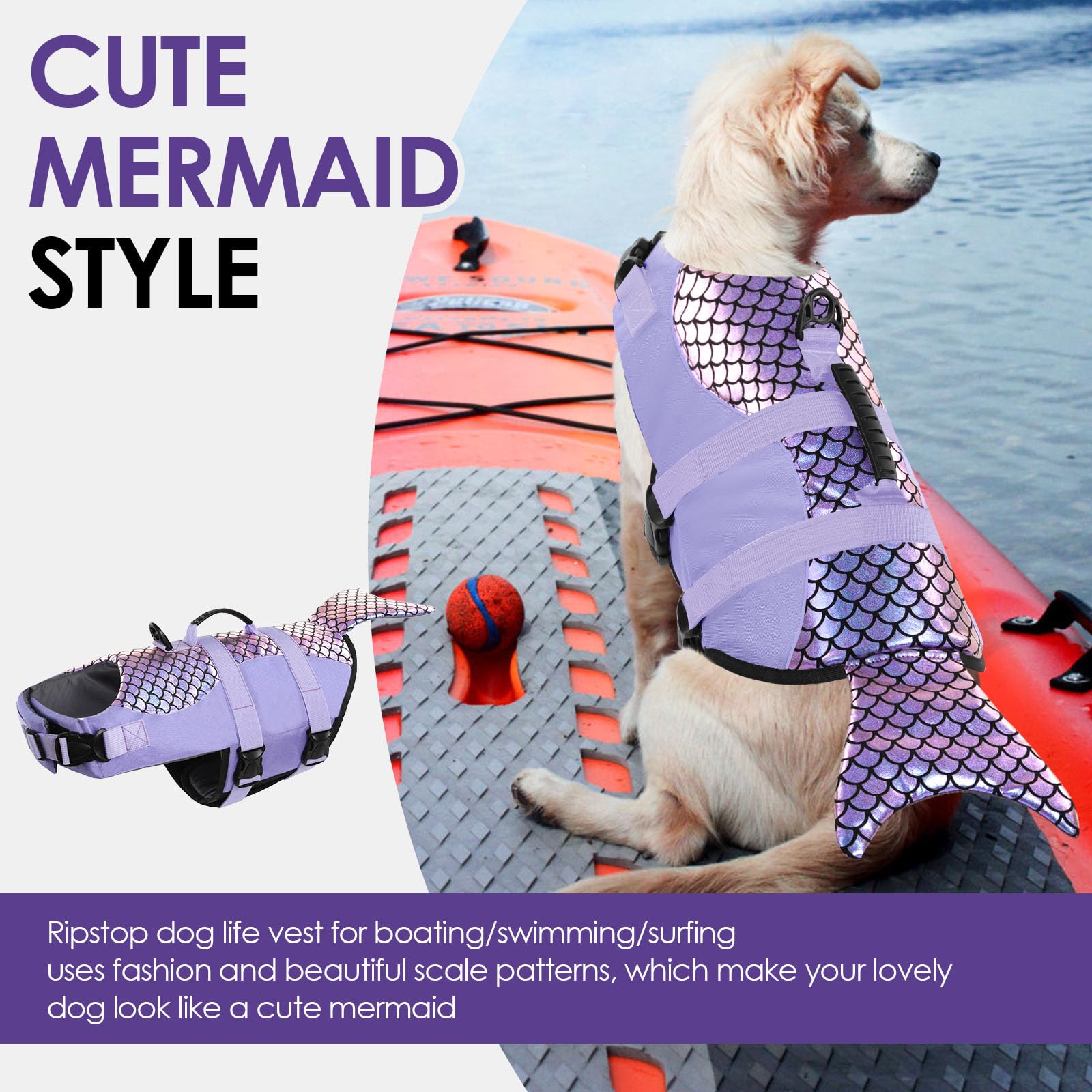 Bess Bridal Dog Life Jacket - Mermaid Life Vest For Swimming Boating - Pet Lifejacket Swimsuit With Rescue Handle - High Flotati