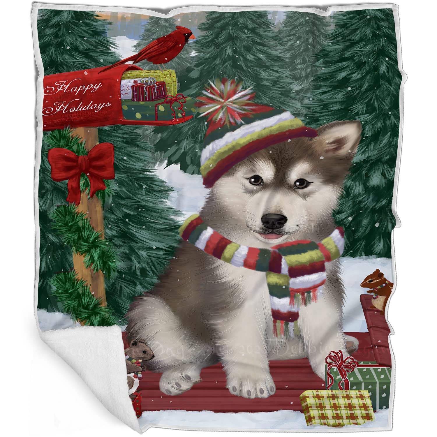 Alaskan Malamute Dog Blanket  Merry Christmas Woodland Sled  Super Soft & Warm Pet Theme for Sofa or Bed, Warm Fleece, Sherpa 