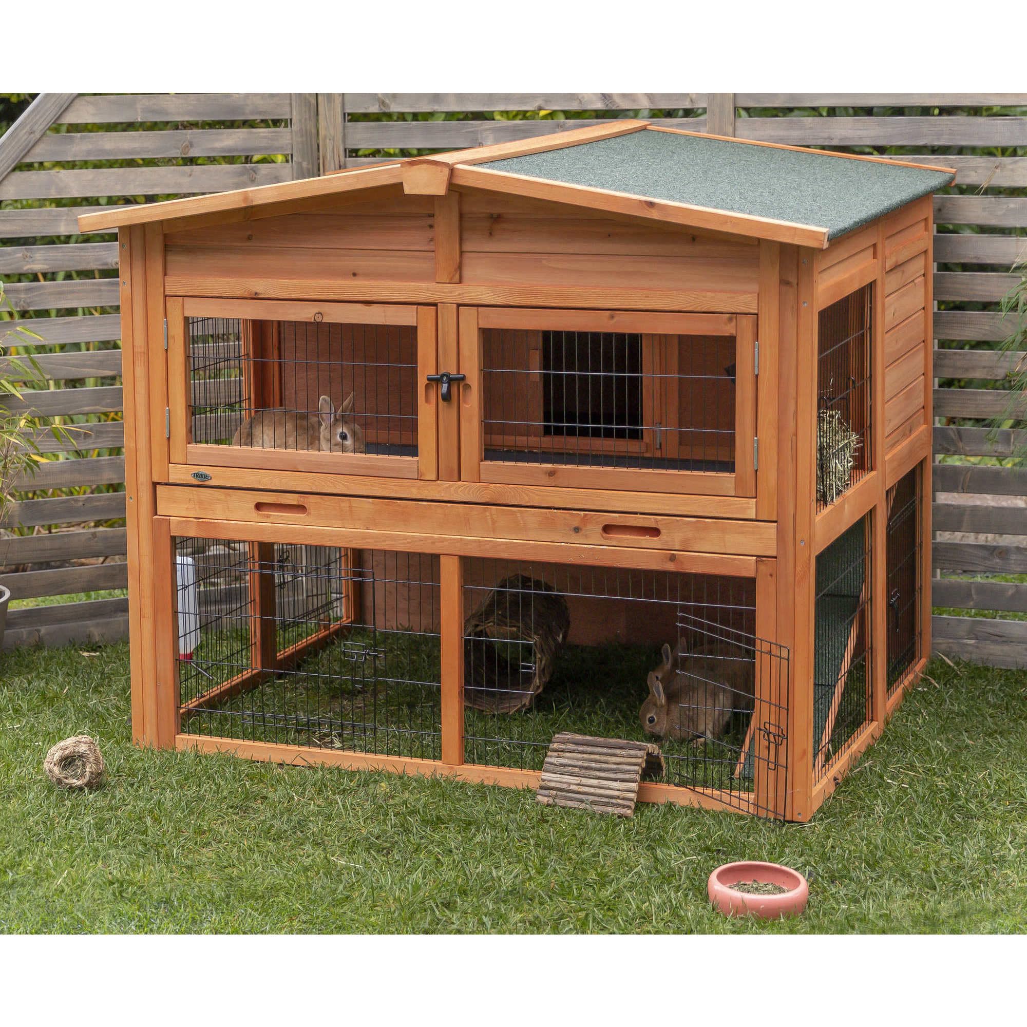 Trixie Natura Outdoor Deluxe Rabbit Hutch With Run - Large 2-Story Rabbit Cage With Non-Slip Ramp - Elevated Small Animal House