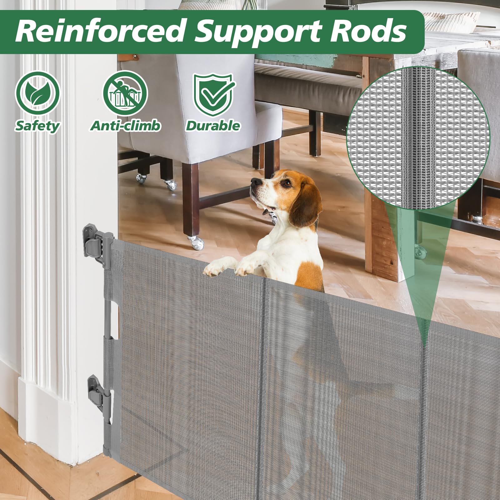 24'' Tall X 120'' Extra Wide Retractable Baby Gates, Short Dog Gates to Step Over, Reinforced Long Mesh Pet Gate with Support Ro