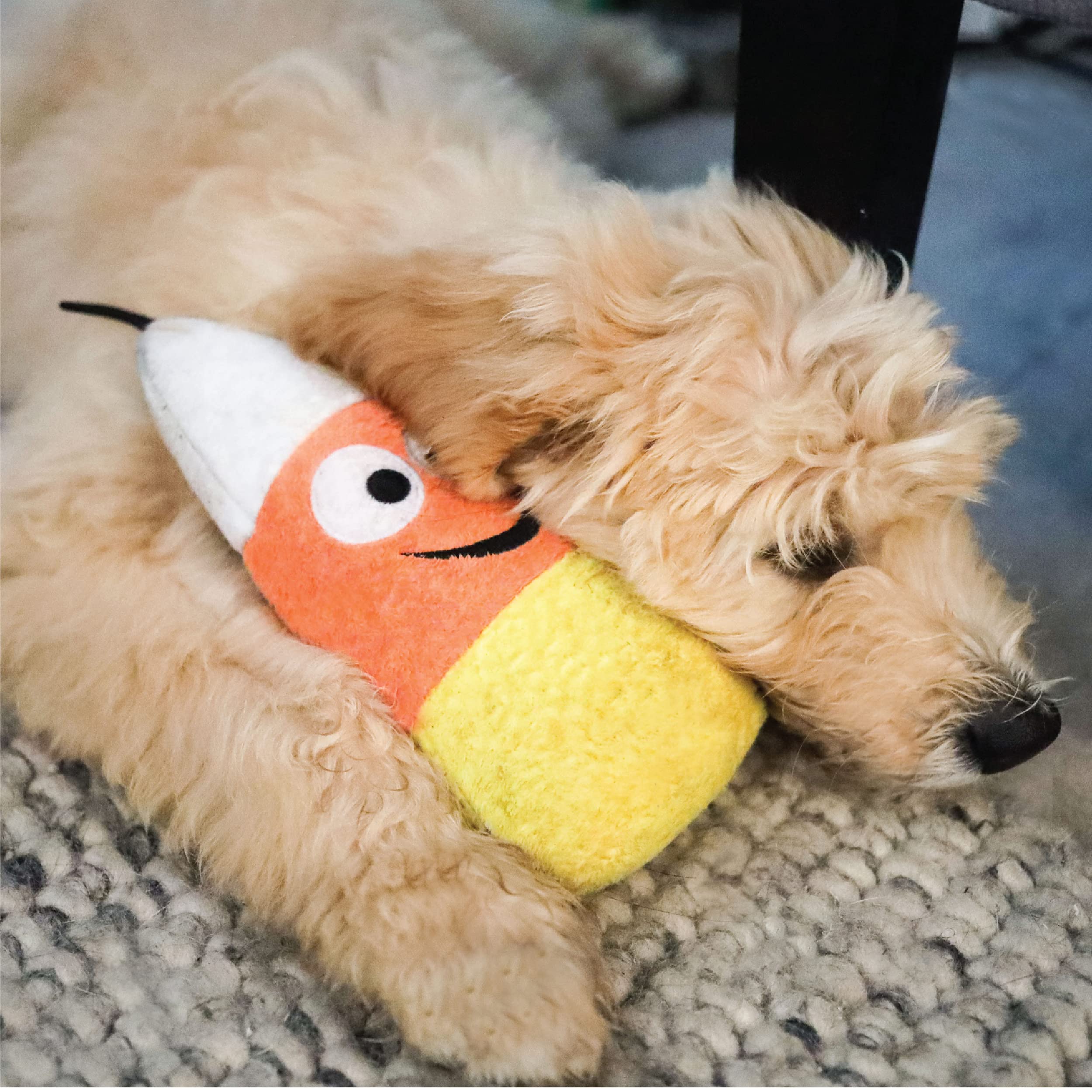 Huxley & Kent Plush Halloween Power Plush Dog Toy | Kookie Korn | 8 Inch | Squeaker | White, Orange, Yellow