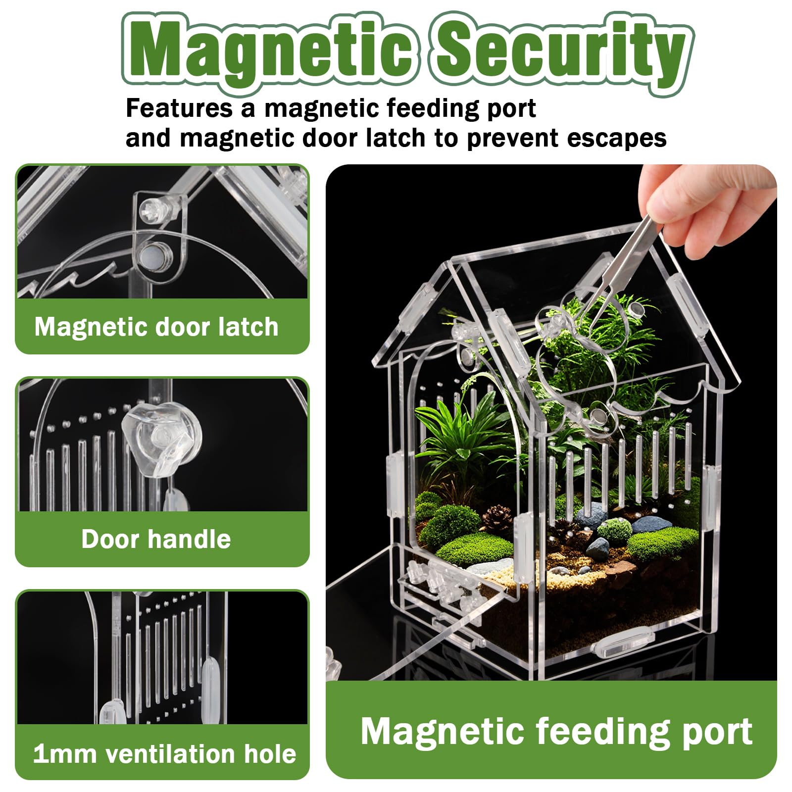 Jumping Spider Enclosure - Internal Dimensions 3.15x3.15x5.6 Acrylic Terrarium Kit for Tarantulas/Mantis/Reptiles with Magnetic