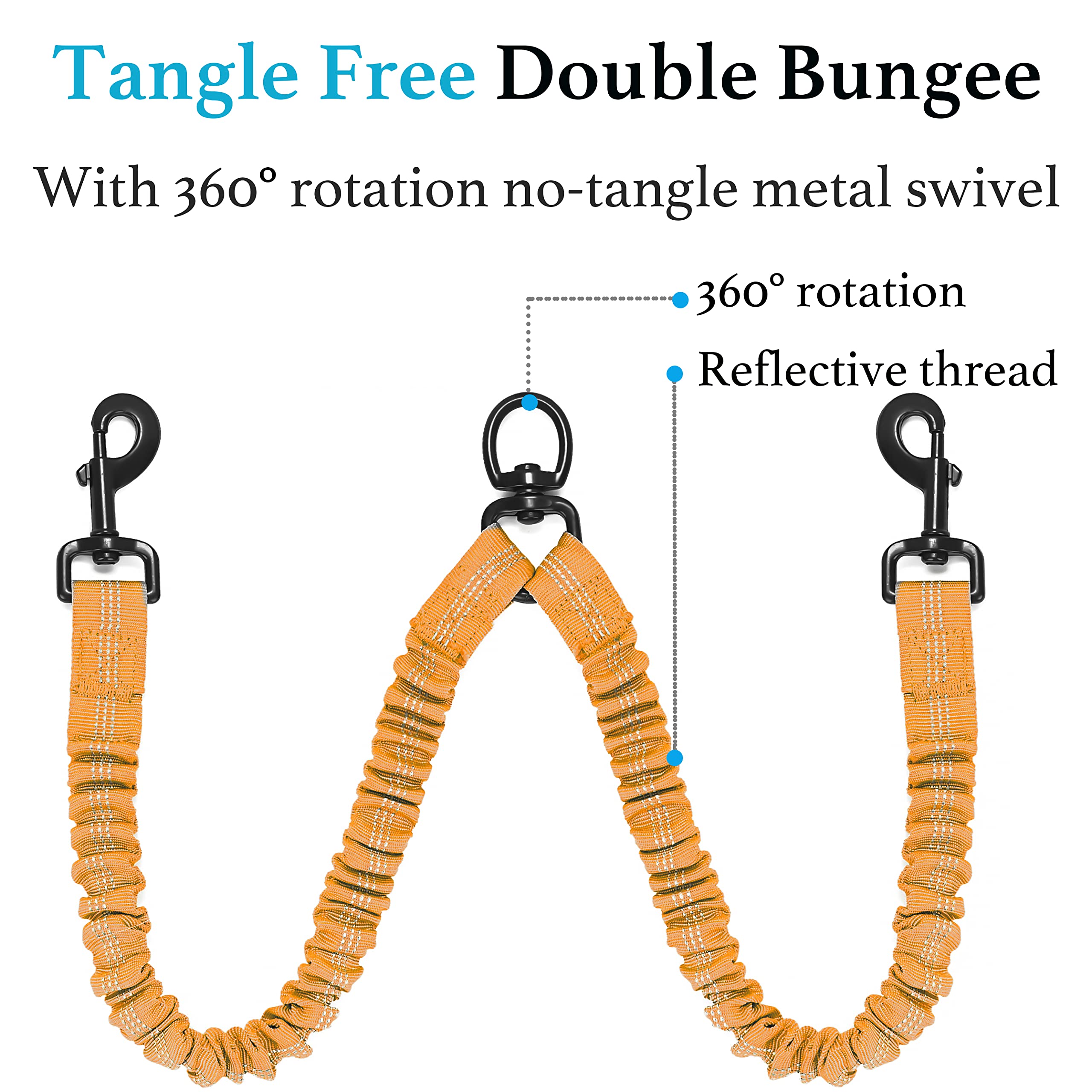 Iyoshop Dual Dog Leash, Double Dog Leash, 360 Swivel No Tangle Walking Leash, Shock Absorbing Bungee For Two Dogs, Orange, Large (25-150 Lbs)