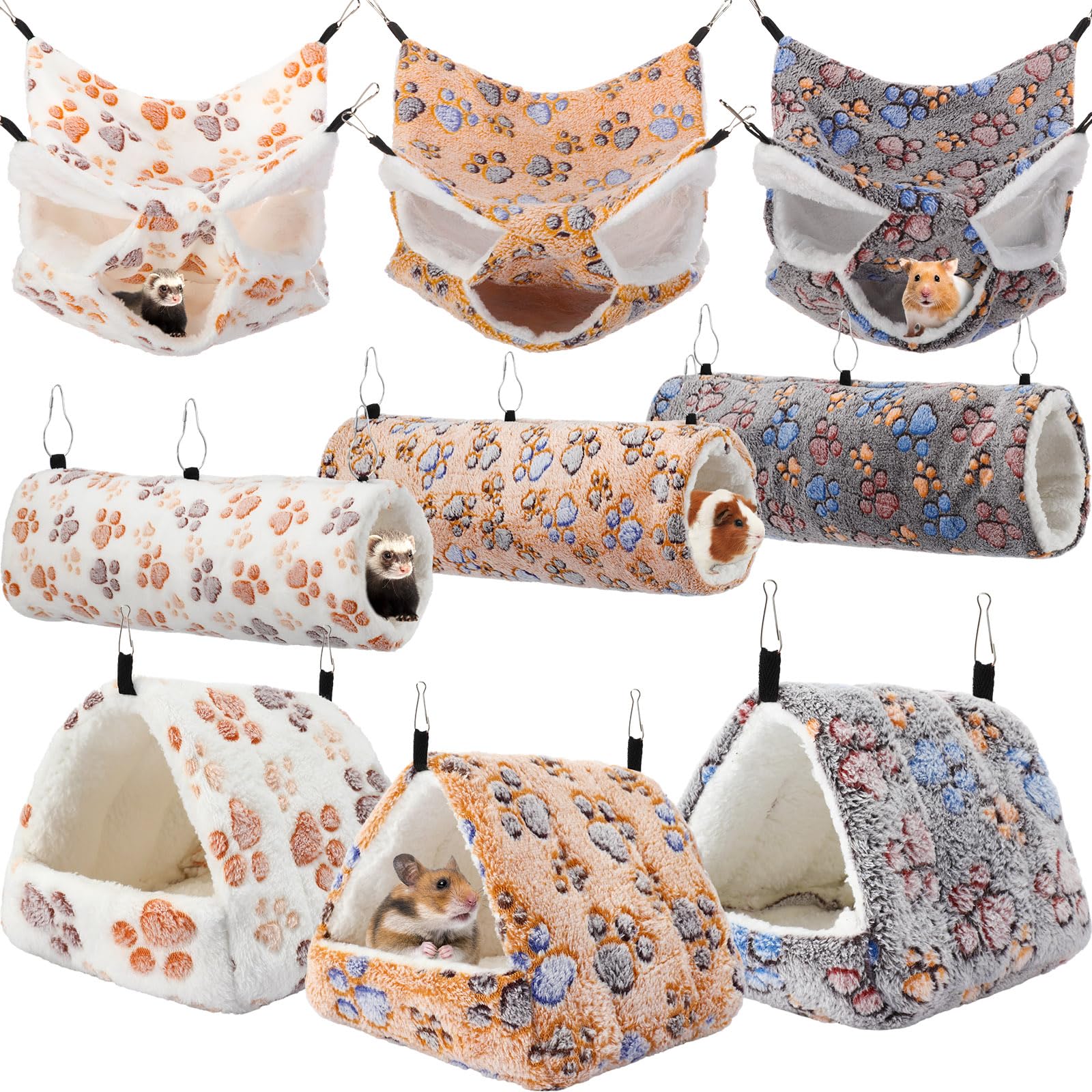 Abbylike 9 Pieces Rat Hammock Guinea Pig Ferret Hammocks Small Pet Hanging Tunnel Glider Toy Guinea Pig Ferret Hideout Bed Cage 