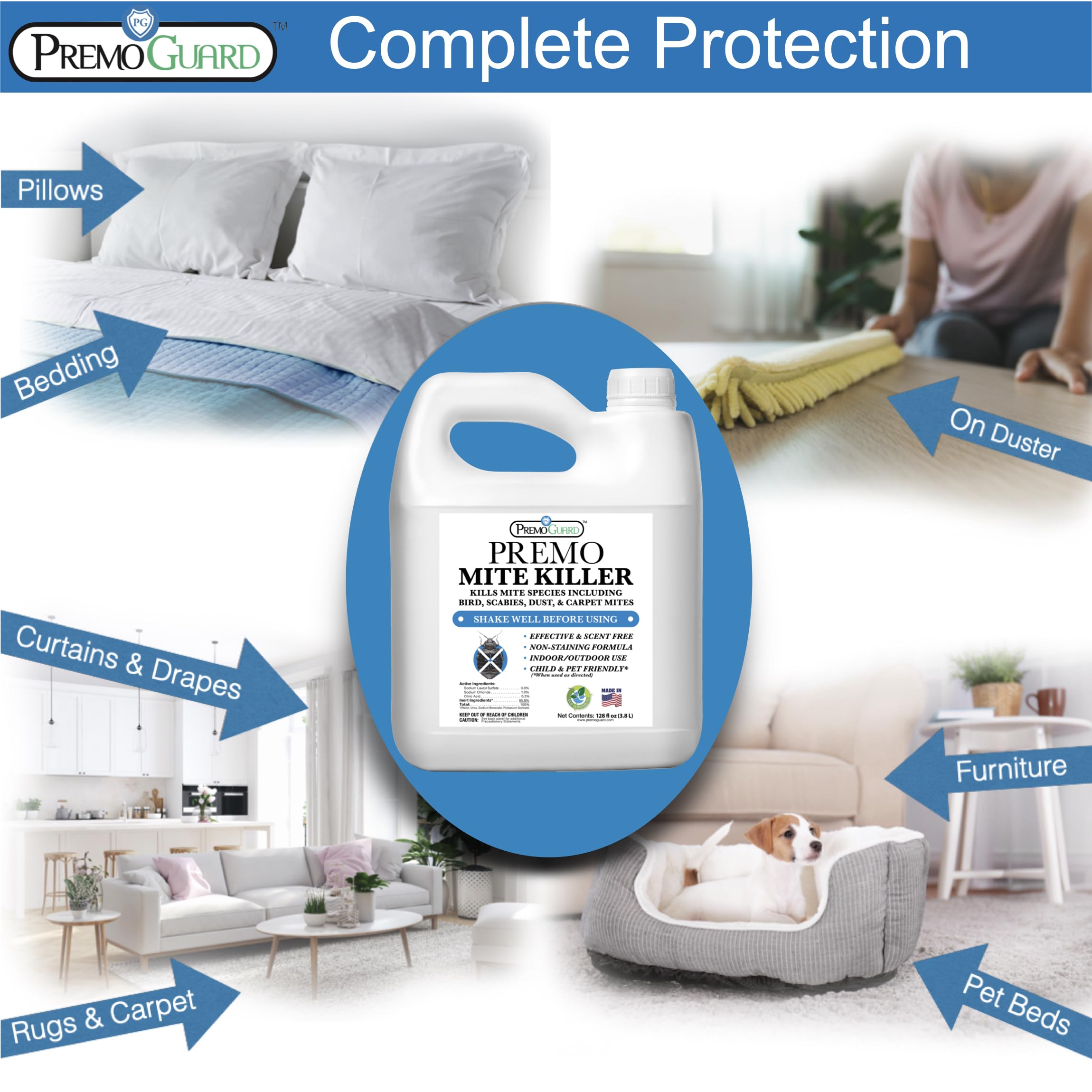 Premo Guard Mite Killer Spray - 128 Fl Oz - Fast Acting & 100% Effective - Child & Pet Safe Treatment for Dust, Spider, Rat, Mouse, Scabies Mites