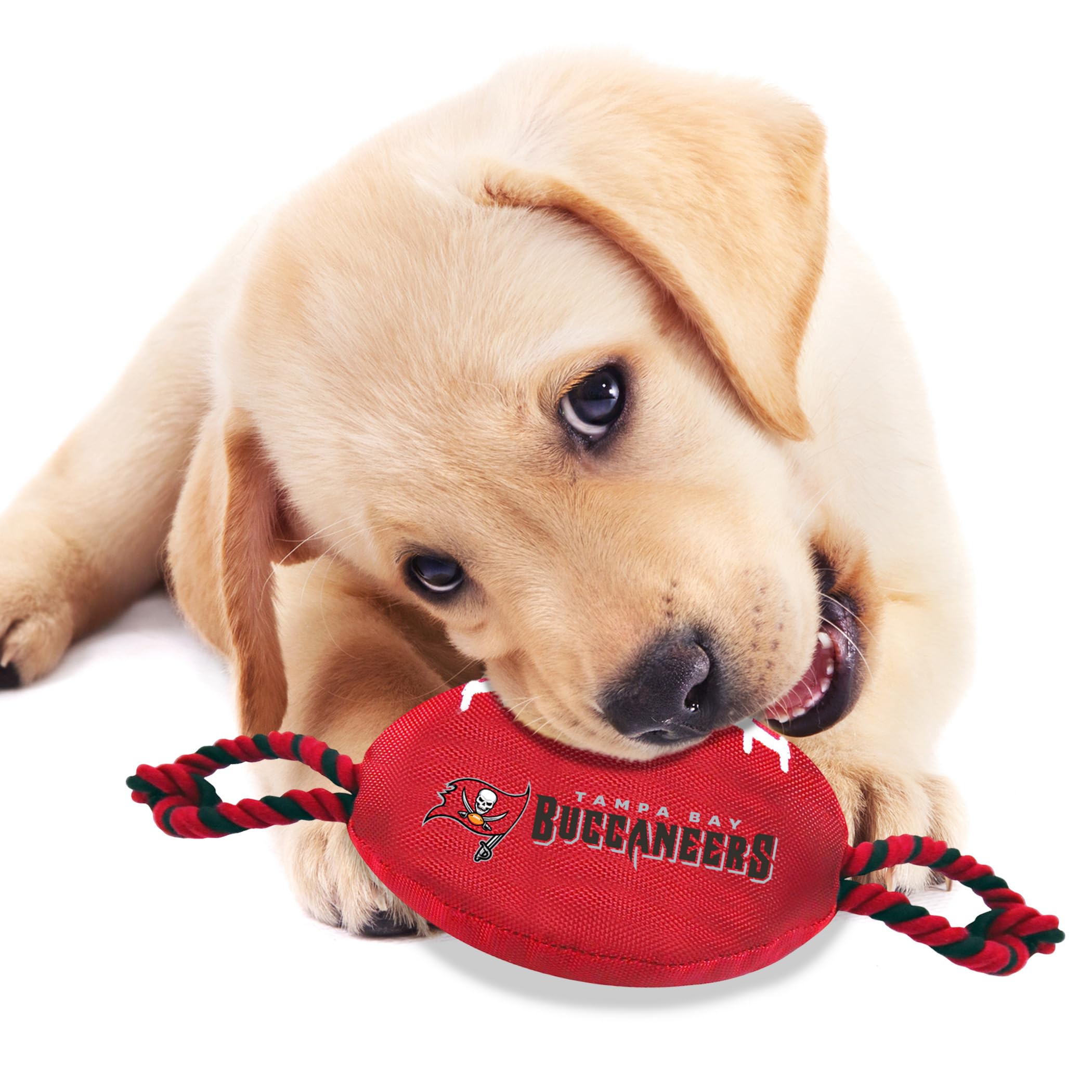 Pets First NFL Tampa Bay Buccaneers Football Dog Toy, Tough Quality Nylon Materials, Strong Pull Ropes, Inner Squeaker, NFL Team