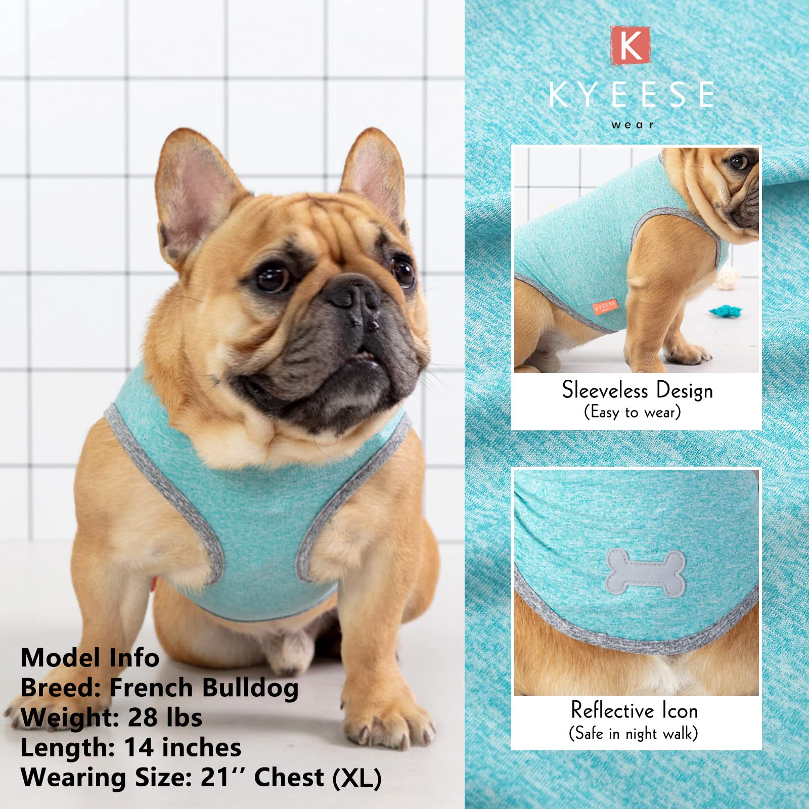 Kyeese 2 Pack Dog Shirts Quick Dry Soft Stretchy Sun Protection Dog T-Shirts With Reflective Label Tank Top Sleeveless Vest Dog Clothes For Small Medium Dogs, X-Large, Grey+Blue