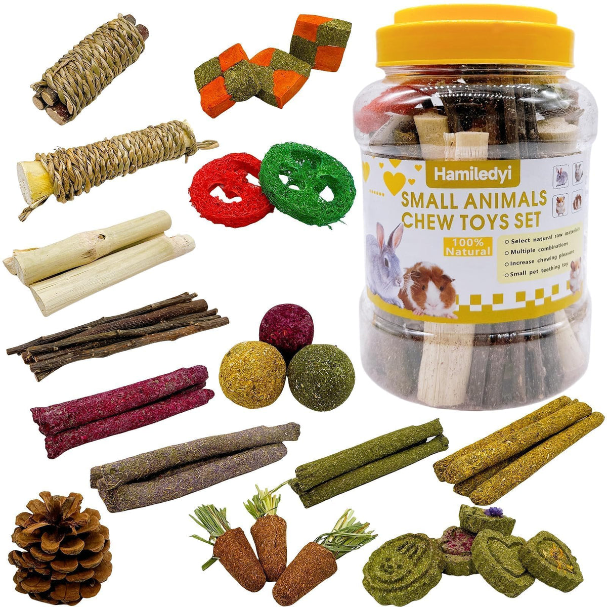 Hamiledyi Rabbit Chew Toys 450g/15.8OZ Natural Timothy Grass Molar Cakes Guinea Pig Apple Sticks Sweet Bamboo Handmade Treat for