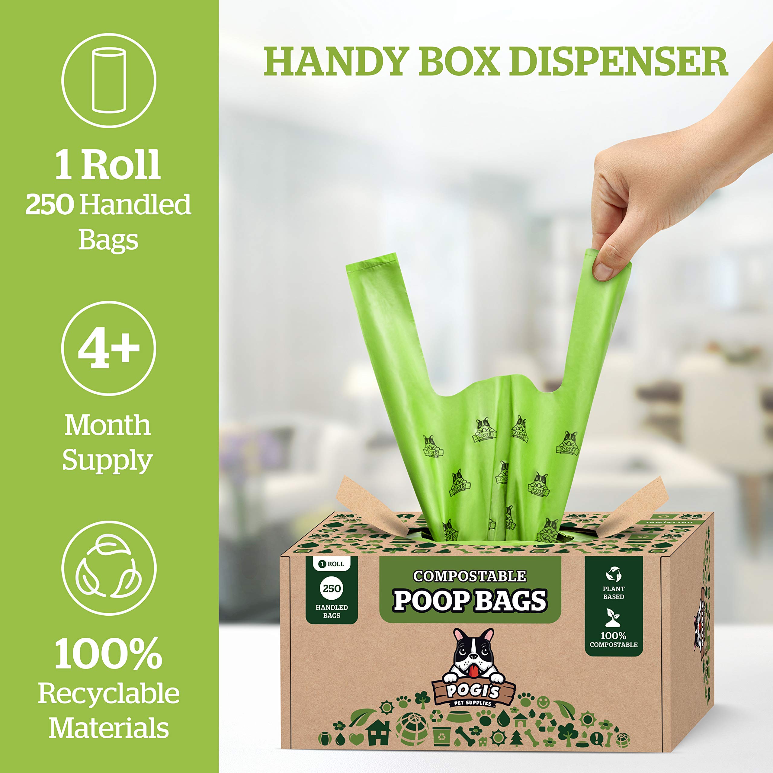 Pogi'S Compostable Dog Poop Bags With Handles - 250 Doggie Poop Bags With Easy-Tie Handles - Leak-Proof Dog Waste Bags, Plant-Based, Astm D6400, En 13432 Certified Extra Large Poop Bags For Dogs