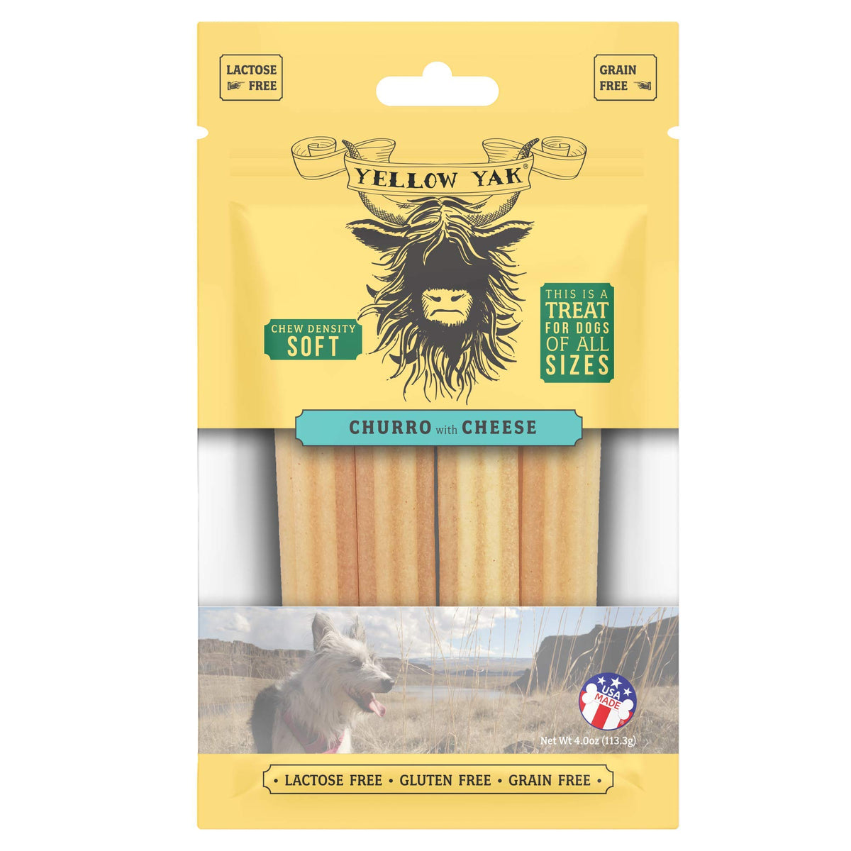 Yellow Yak Churro Chew | Usa Made | Lactose - Soy - Grain - Gluten Free | For All Dogs | 4 Churro Chews | Real Cheese Flavor