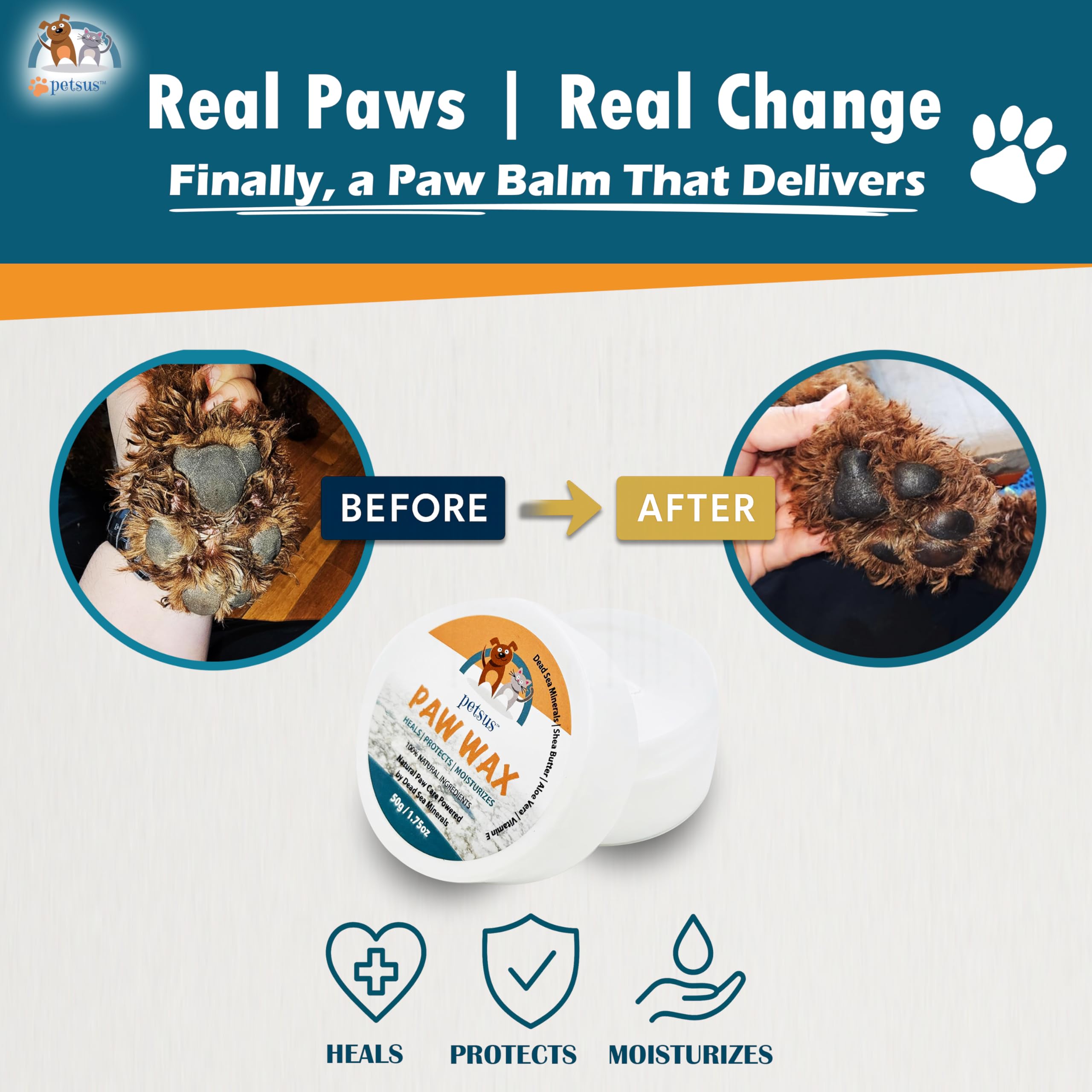 Petsus Natural Dog Paw & Nose Balm - Moisturizing Paw Wax With Dead Sea Minerals | Lick-Safe, Organic Balm For Dry, Cracked Paws