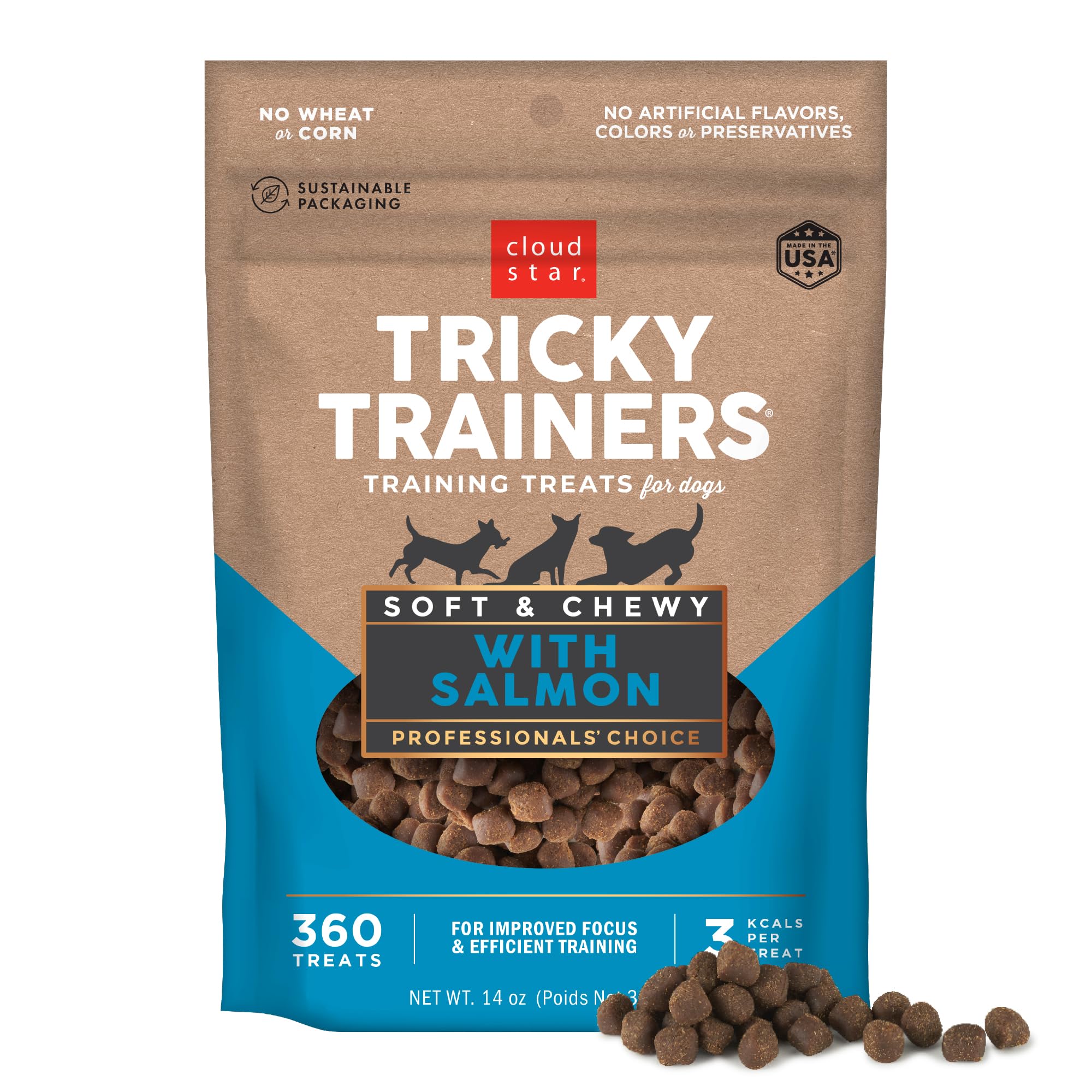 Cloud Star Tricky Trainers Soft & Chewy Dog Training Treats 14 oz Pouch, Salmon Flavor, Low Calorie Behavior Aid with 360 treats