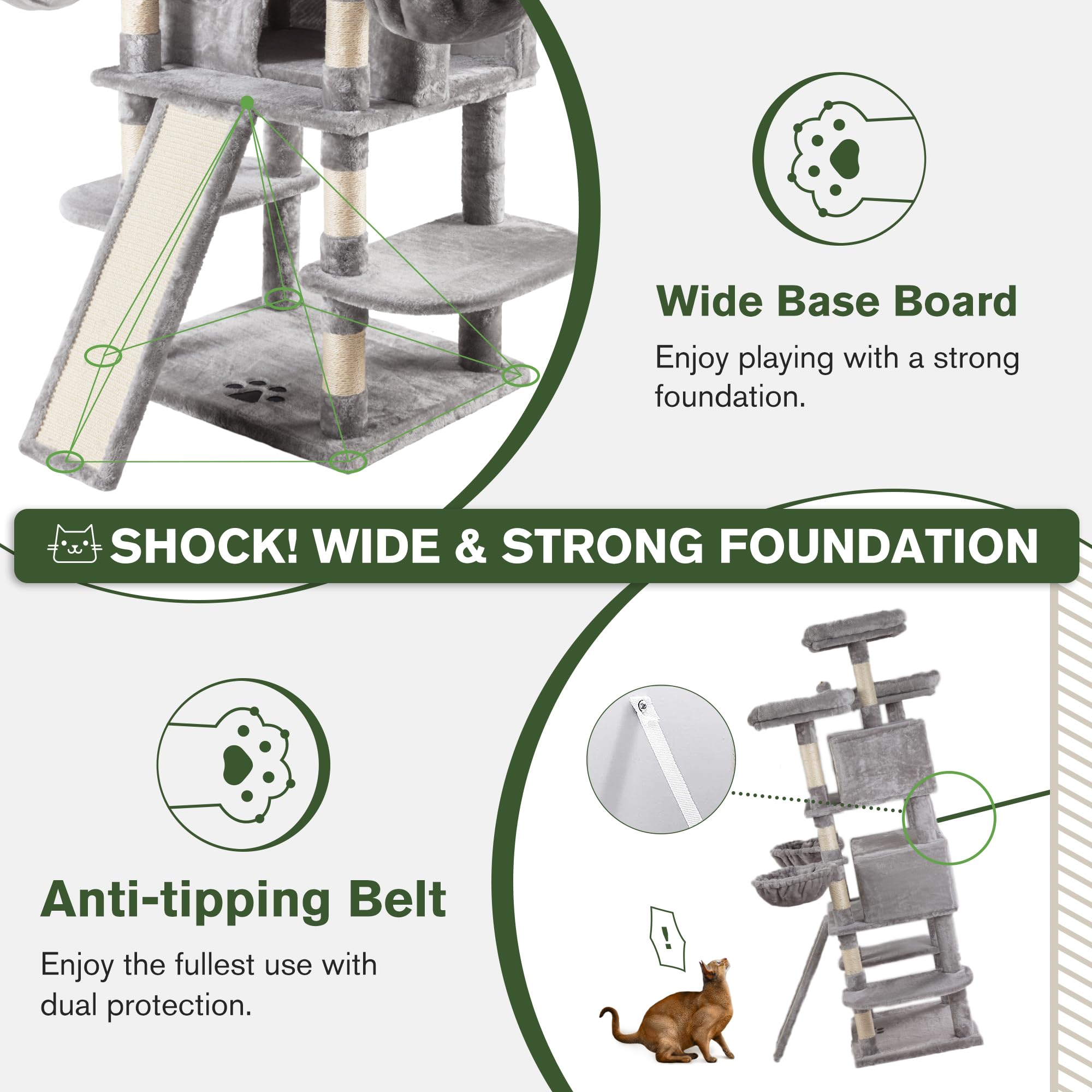 Imusee 68 Inches Multi-Level Cat Tree For Large Cats/Big Cat Tower With Cat Condo/Cozy Plush Perches/Sisal Scratching Posts And Hammocks/ Activity Center Play House/Grey