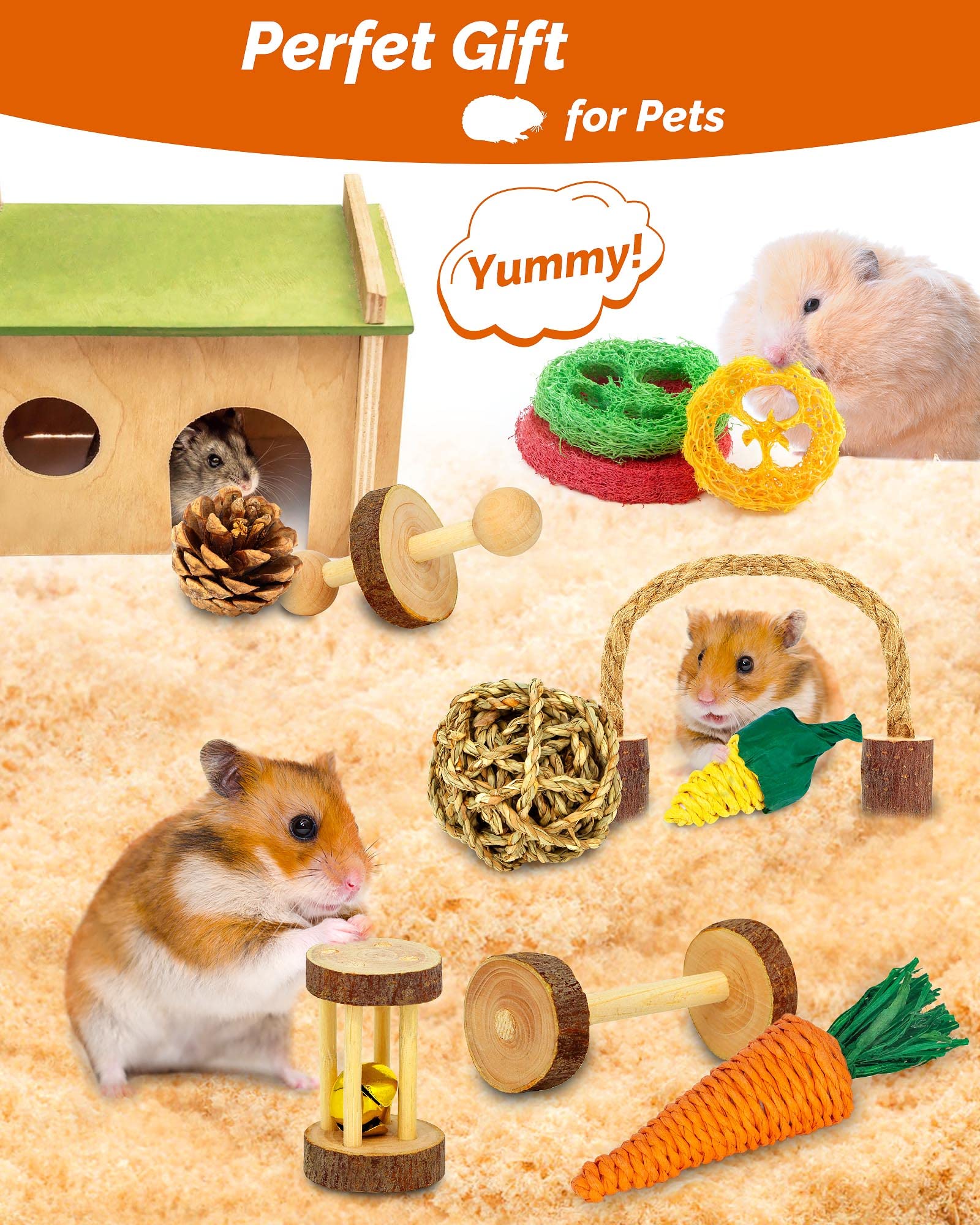 OVERTANG 18 Pcs Wooden Hamster & Guinea Pig Chew Toys, Natural Apple Wood Molar Toys for Small Animals, Exercise Accessories