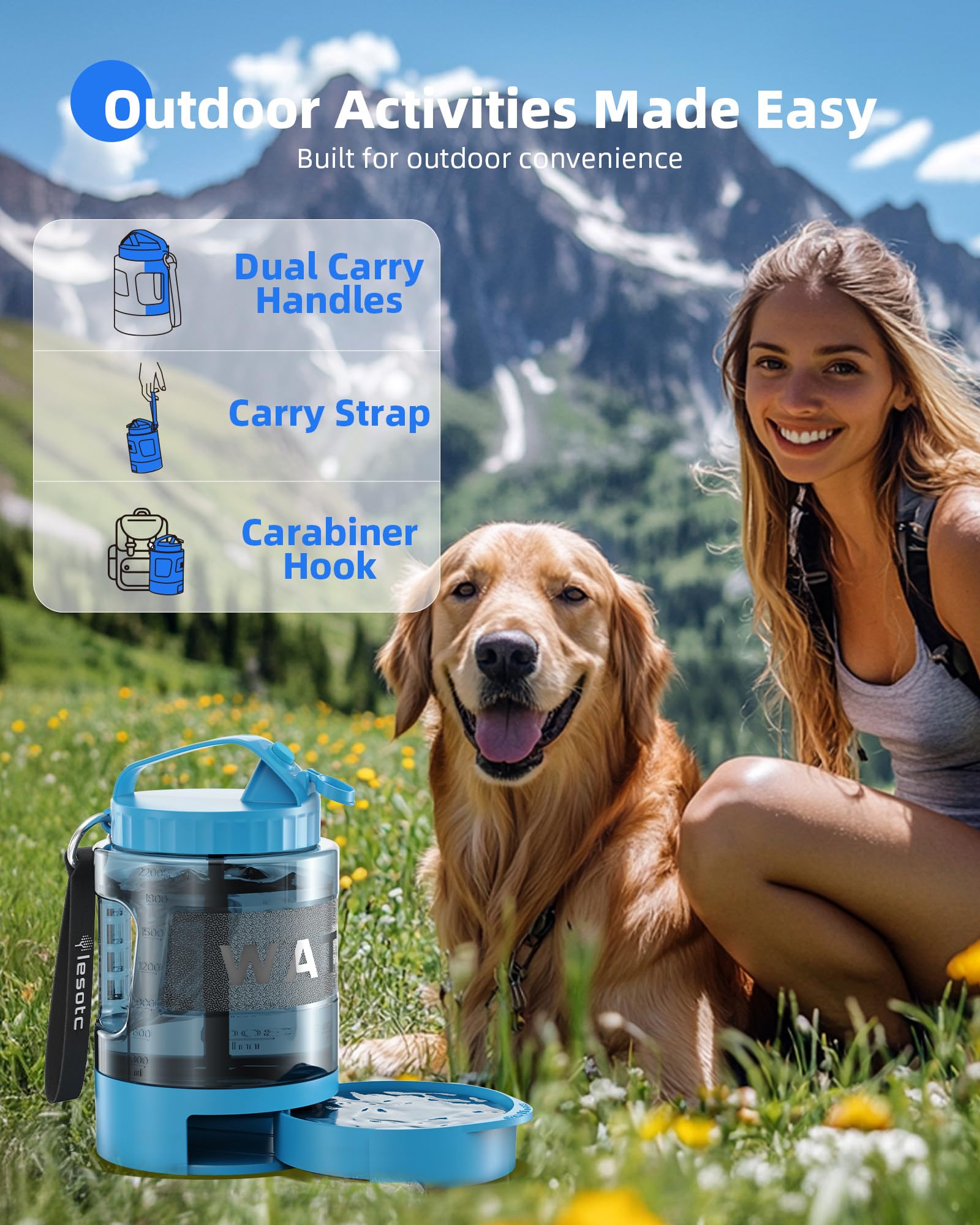 Dog Water Bottle Travel Portable - 77oz Large Travel Water Bowl Dispenser for Dogs Camping Essentials Hiking Beach Road Trip Par