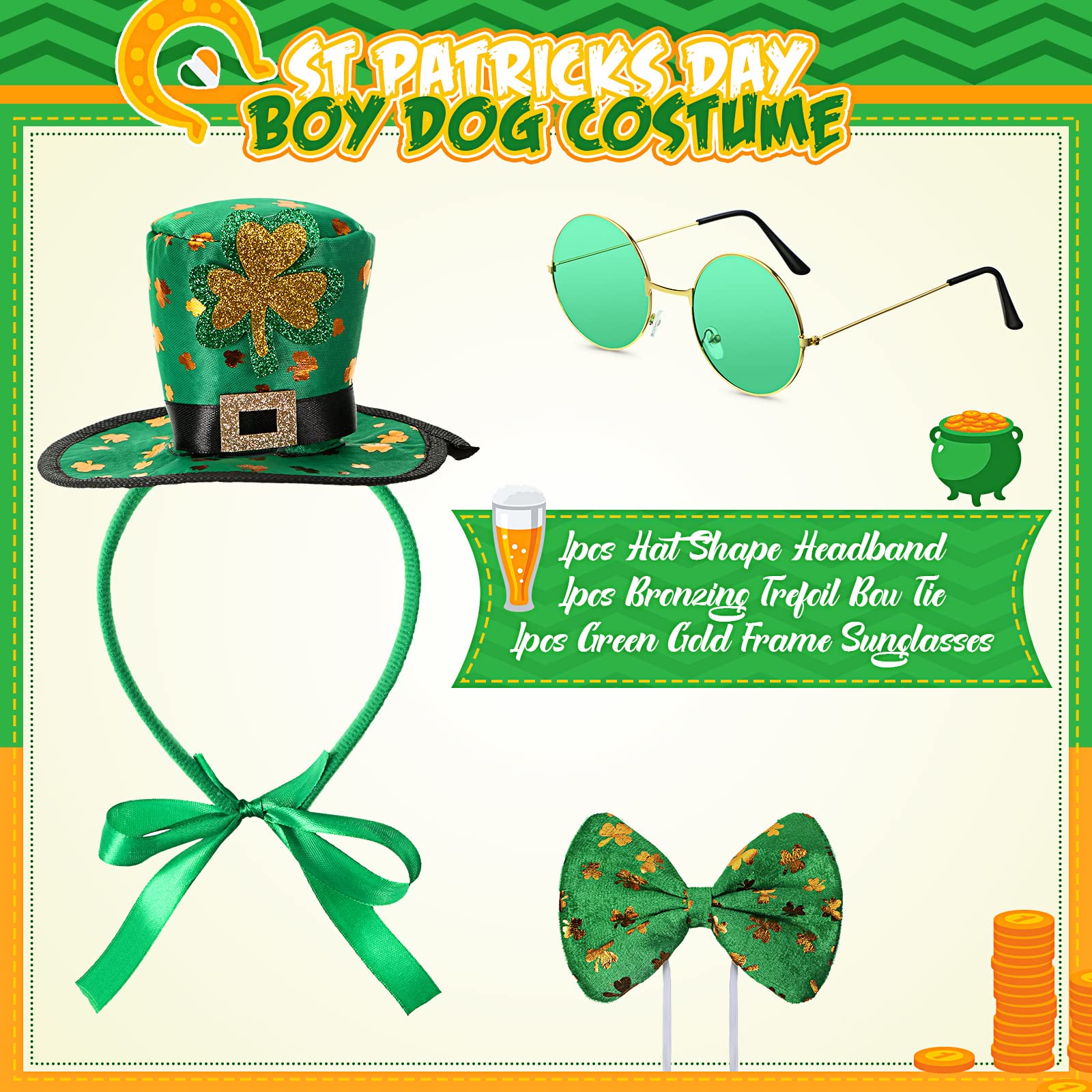 Yaomiao 3 Pcs St Patrick'S Day Dog Costume, St. Patty'S Day Doggie Headband Green Round Pet Sunglasses And Green Shamrock Bow Ti