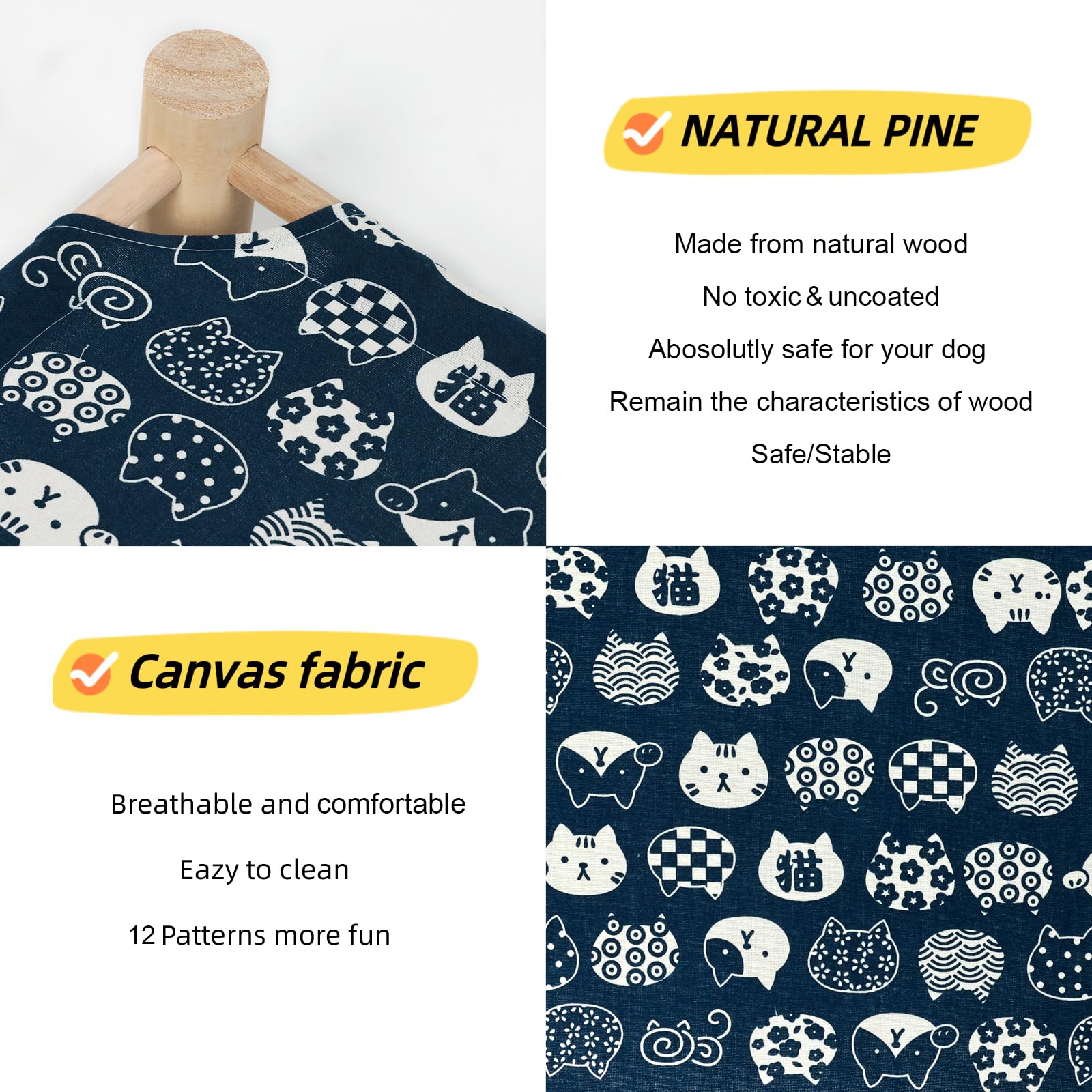 Patas Lague Pet Bed, Small, Elevated Cooling Hammock Bed, Wood, 19X19X5 Inches, 20 Lbs, Blue Cat, Indoor/Outdoor, Square, For Ca