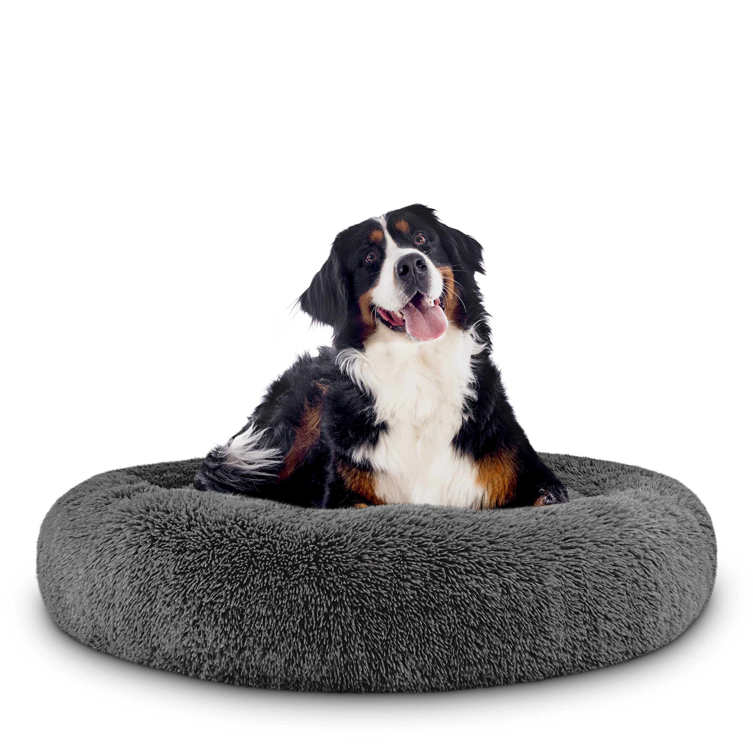 The Dogs Bed Sound Sleep Donut Dog Bed, XL Steel Grey Fur Calming Nest Bed Removable Cover, Veterinary Approved
