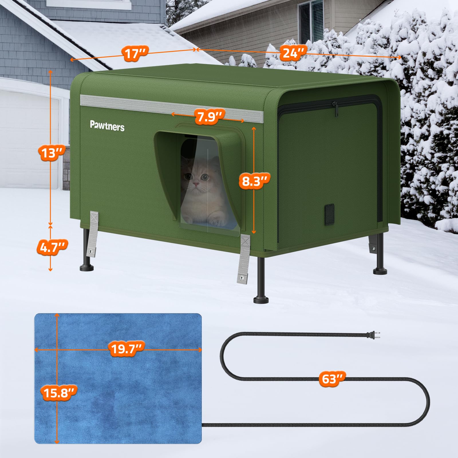 Pawtners Heated Cat House For Outside, Outdoor Insulated Kitty Shelter With Heated Pad And Escape Door, Warm Cozy Pet House Cove