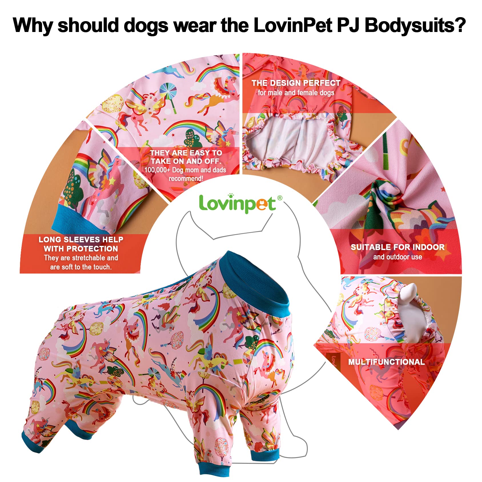 Lovinpet Large Size Dog Pajamas Onesie- Magic Rainbow Shine Pink Print, Lightweight Stretchy Knit Pullover Large Puppy Pajamas,