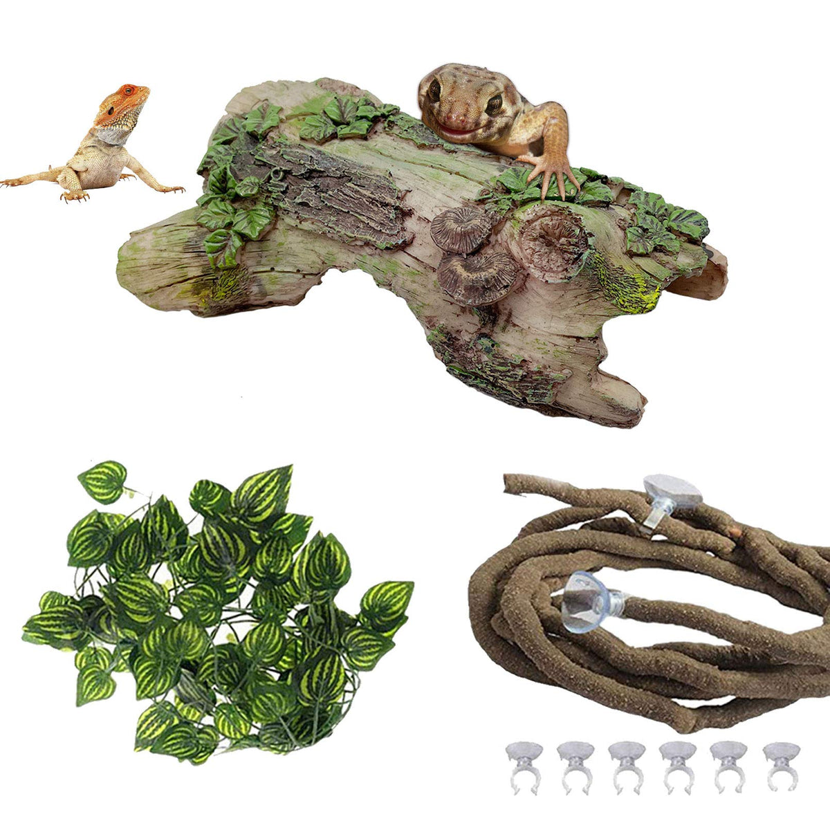 Pinvnby Reptile Hollow Tree Trunk Decoration,Resin Lizard Hideouts Log Hideaway,Crested Gecko Habitat Cave Decor,Aquarium Decaying Trunk Driftwood Ornament For Bearded Dragon Snake Betta Spider(3Pcs)