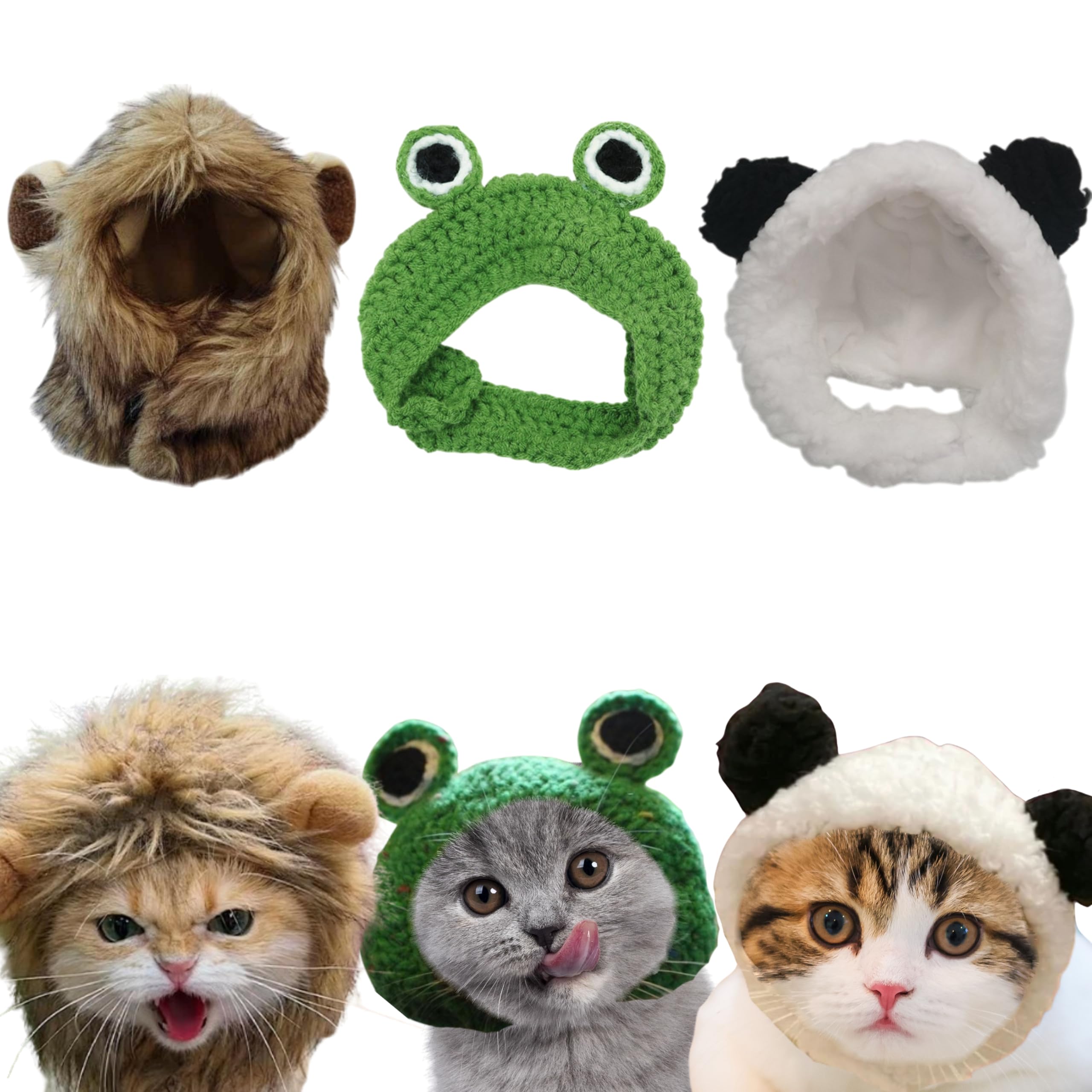 3Pcs Hat For Cat Animal Costume Pack, Lion Head For Cats, Cat Panda Costumes, Frog Costume For Cats, Adjustable Washable Soft Sm