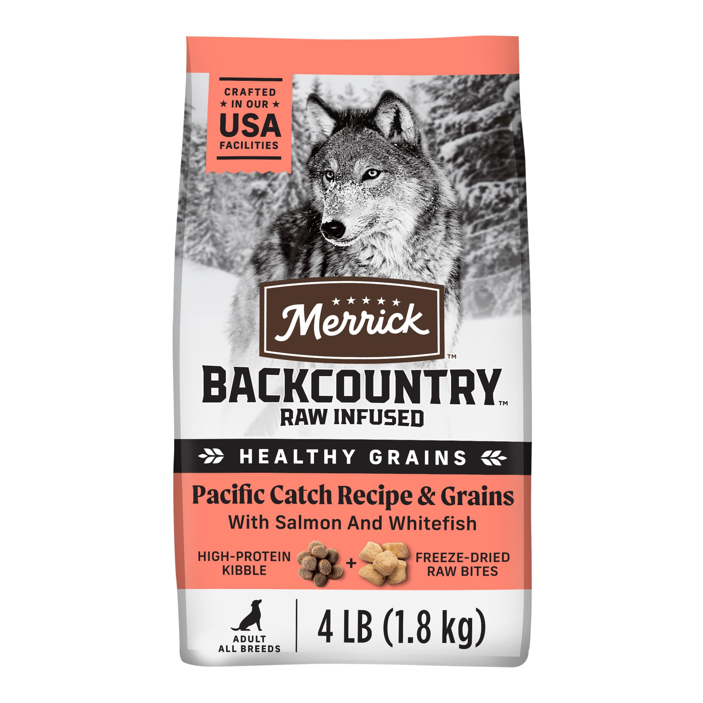 Merrick Backcountry Healthy Grains Premium Dog Food Kibble with Freeze Dried Raw Pieces, Pacific Catch Recipe - 4.0 lb. Bag