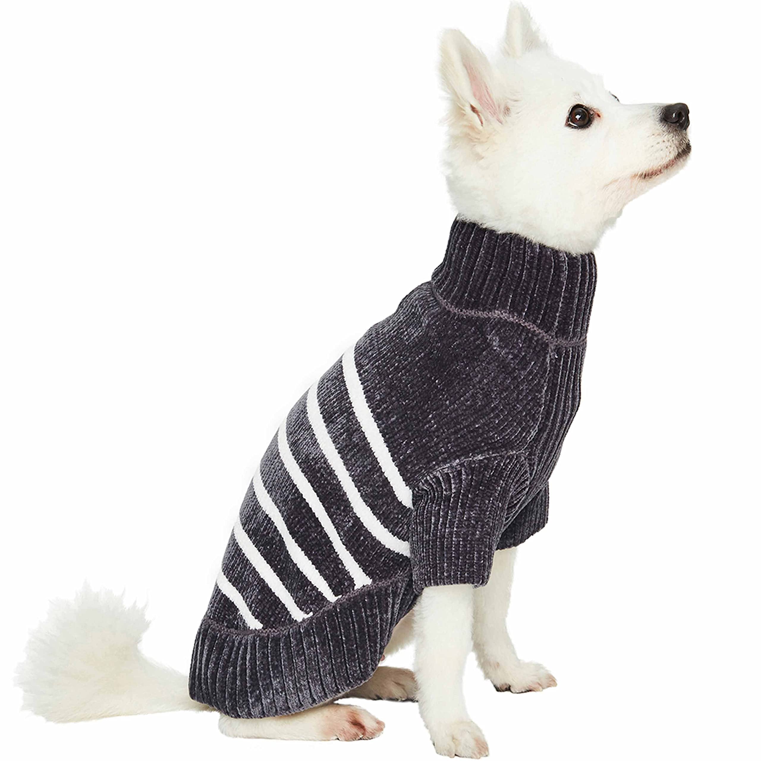 Blueberry Pet Cozy Soft Chenille Classy Striped Dog Sweater in Chic Grey, Back Length 16'', Pack of 1 Clothes for Dogs