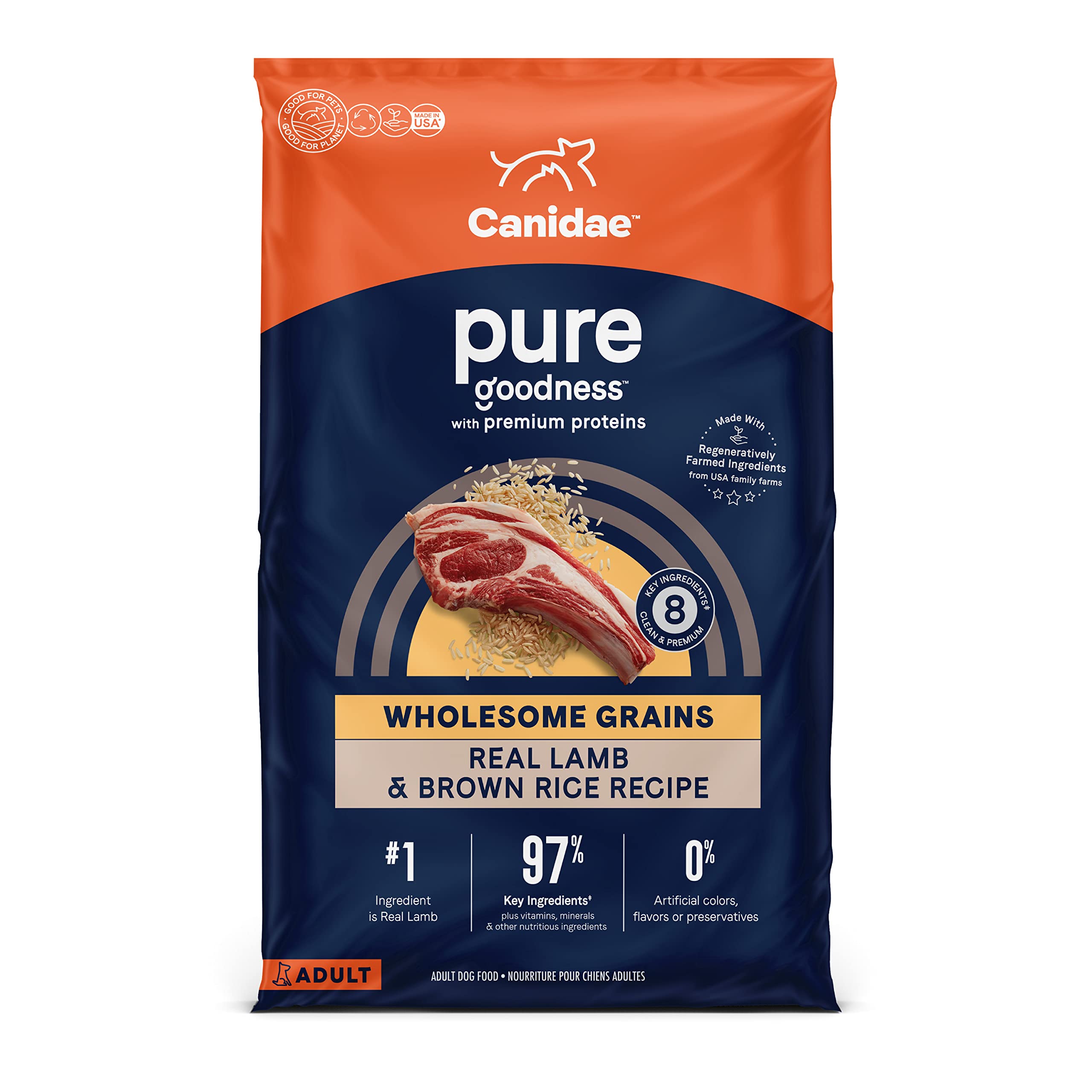 CANIDAE Pure Limited Ingredient Premium Adult Dry Dog Food, Lamb & Brown Rice Recipe, 22 lbs, with Wholesome Grains