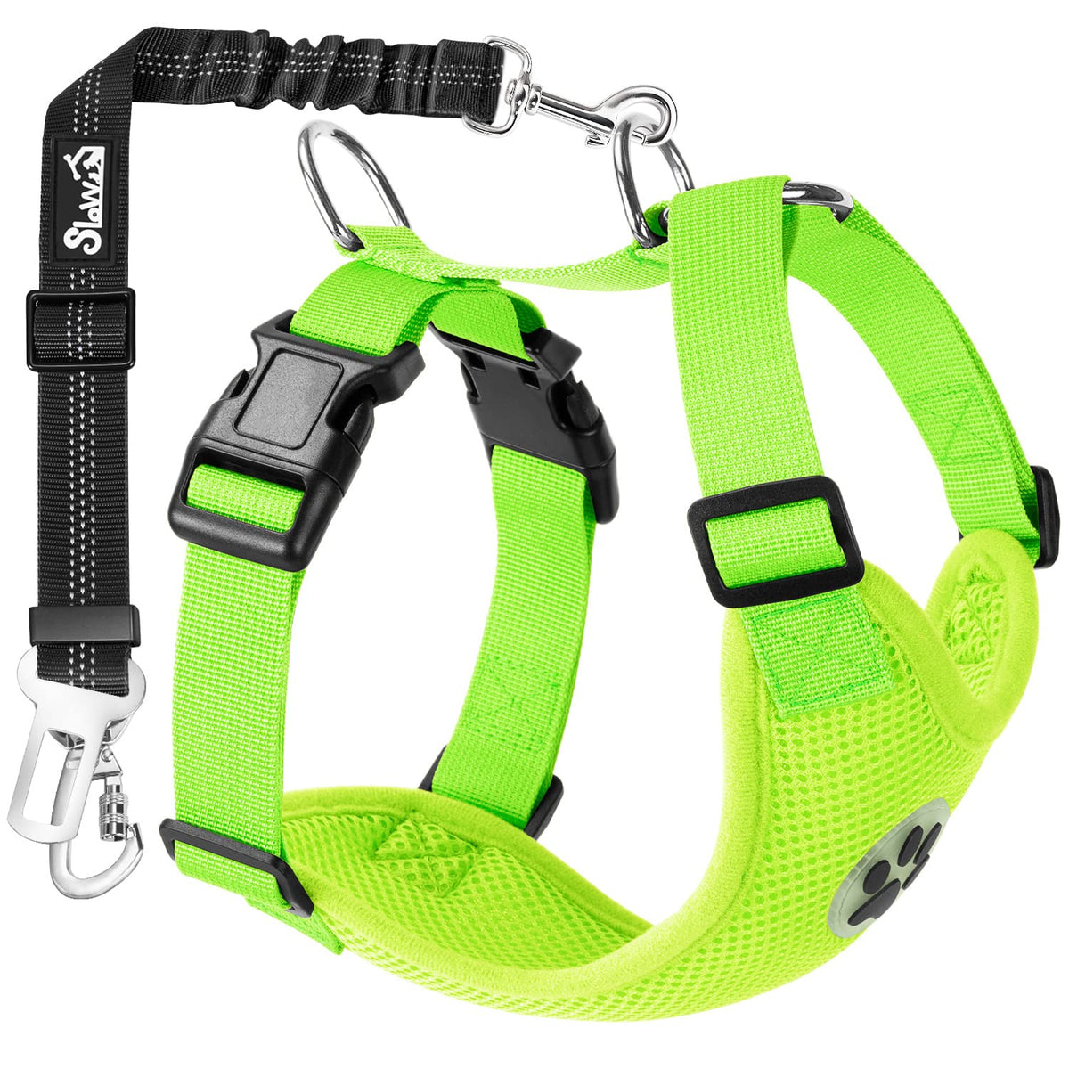 Slowton Dog Car Harness Seat Belt Set, Dog Vest Harness Adjustable Mesh Breathable & Vehicle Safety Seatbelt Tether With Elastic Bungee For Small Medium Large Pets (Lime Green, S)