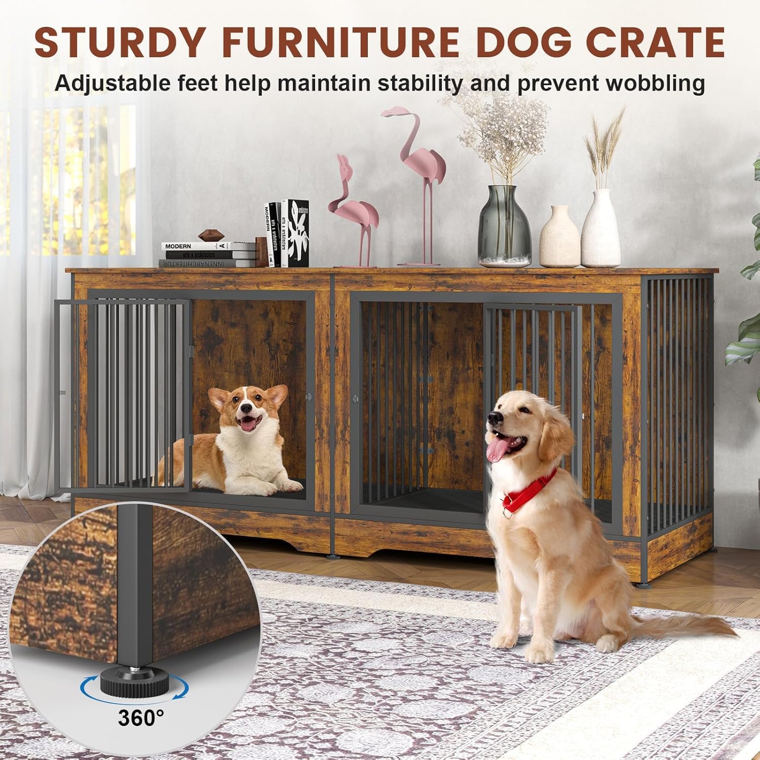 Yafylly 75 Inch Double Dog Crate Furniture, 3 in 1 Dog Cage for Large Dogs, Durable Brown TV Stand Dog Crate with Trays and Divi