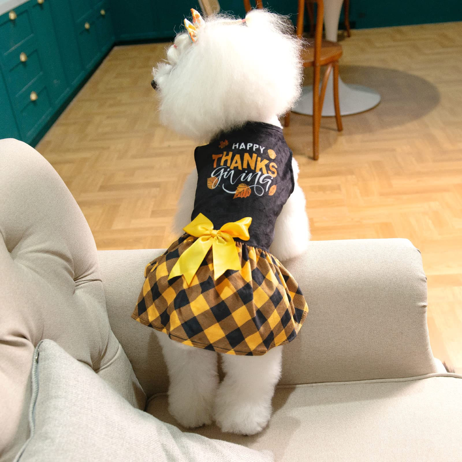 Cutebone Happy Thanksgiving Day Dog Fall Dress Costume Velvet For Small Dogs Girl Puppy Dresses Yellow Plaid Dog Clothes Cva03M-