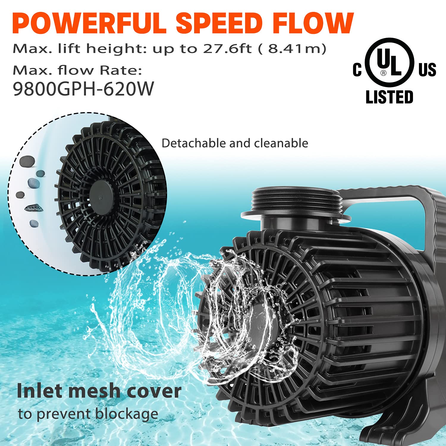 Waterrebirth (9800Gph-620W,Ul Listed) High Flow Submersible Water Pump - Pond Pump - Submersible Pump - Water Fountain Pump - Aq