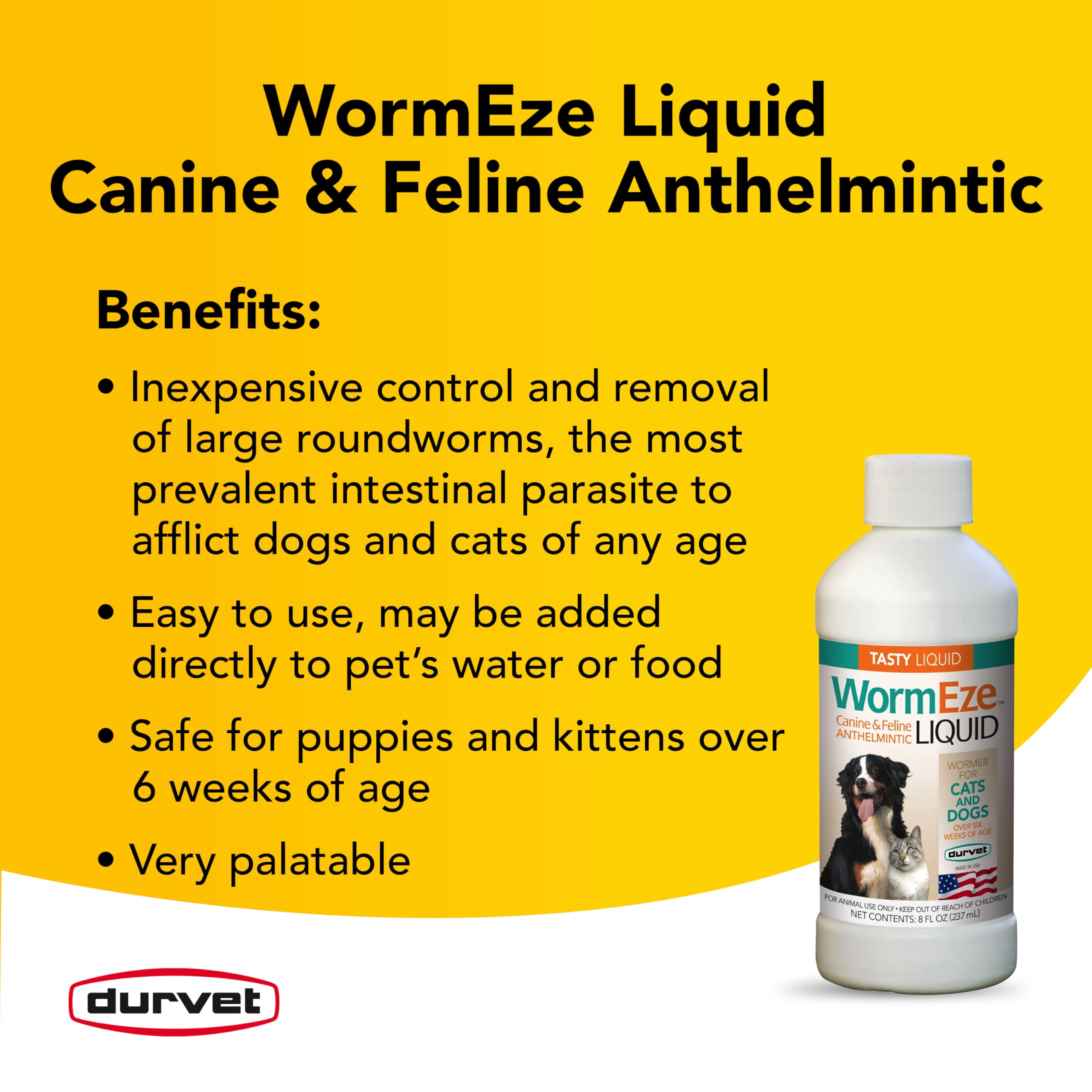 Durvet WormEze Liquid Antihelmintic for Canines & Felines, 8 oz, White, Model 001-0545