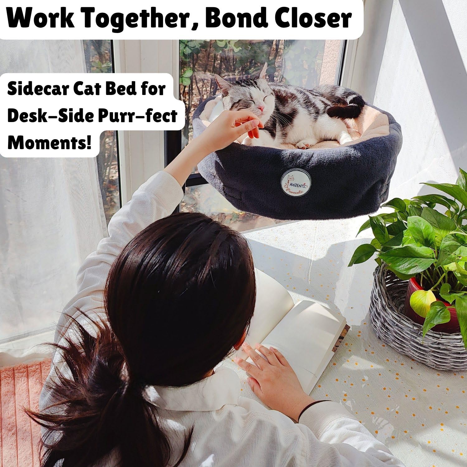 Pawzentic Large Cat Desk Bed,One-Button Easy Lift & Rotate,360 Rotation,Extra Thick Cushion,Super Soft Plush Faux Fur Pet Bed,Ma