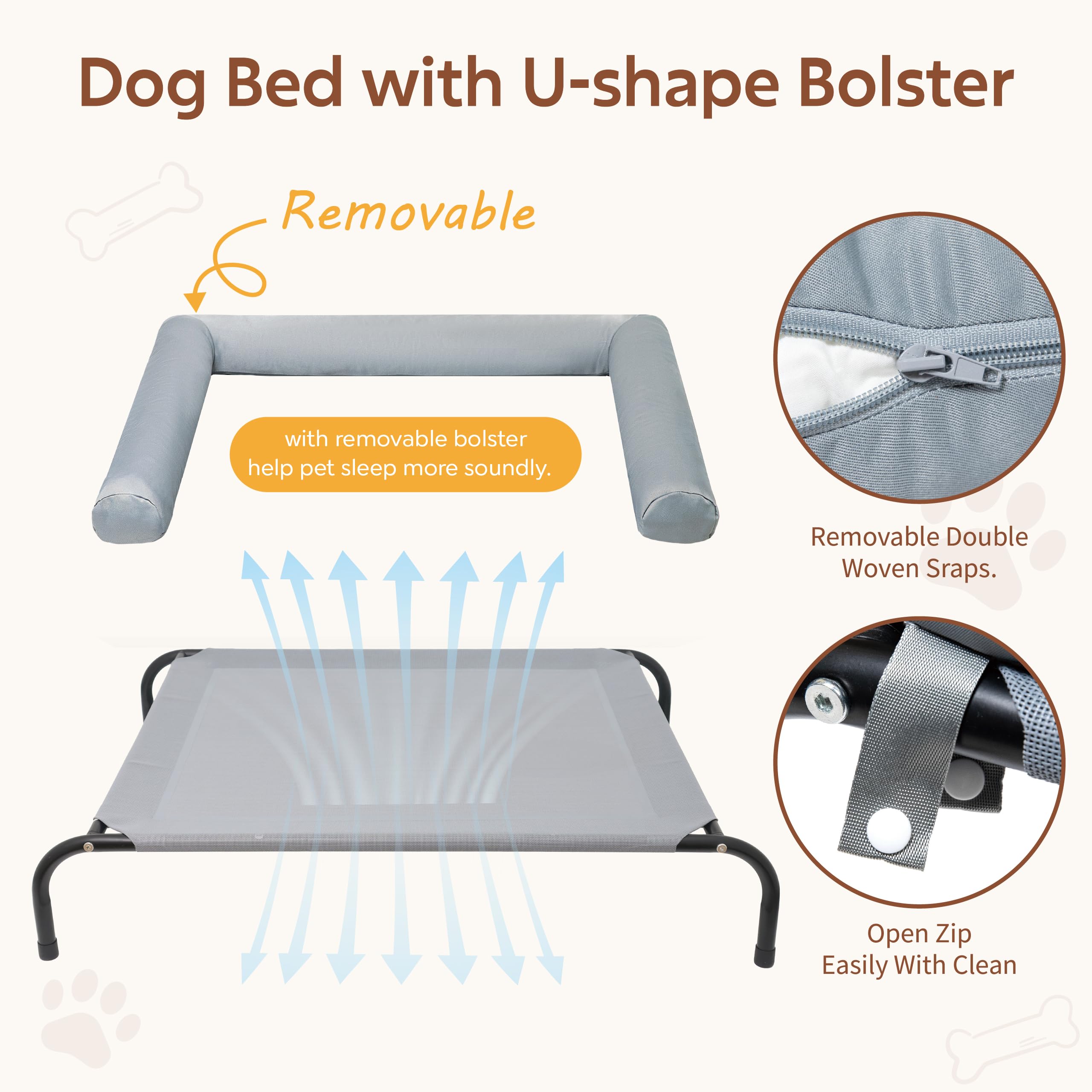 TJSOULER Cooling Elevated Dog Bed with Pillows,Portable Washable Raised Dog Cot with Chew Proof Mesh and Metal Frame,No-Slip Rub