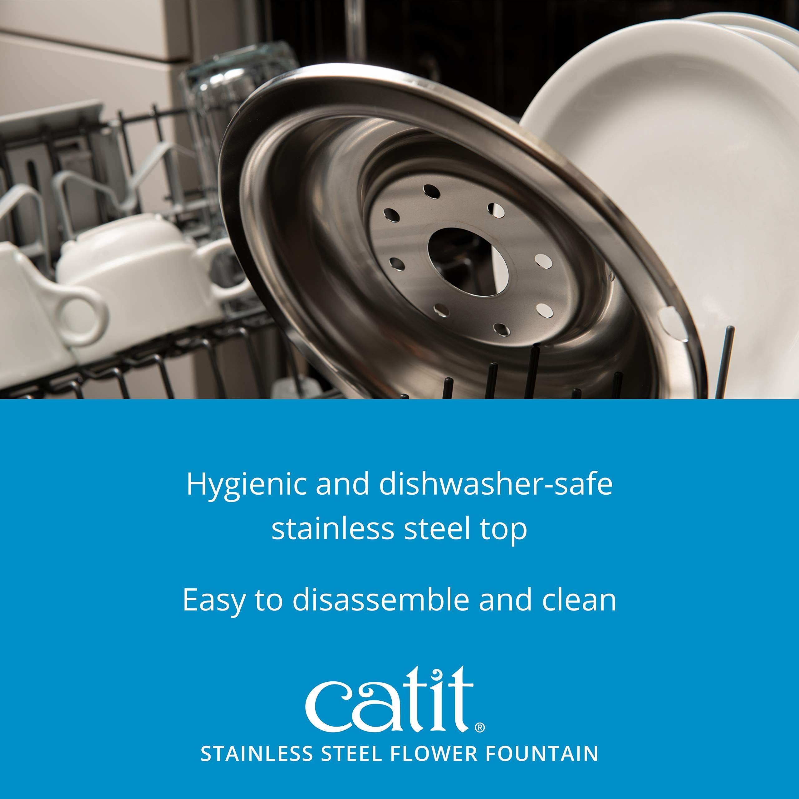 Catit Stainless Steel Flower Fountain With Triple Action Filter, Cat Drinking Water Fountain, 3 L