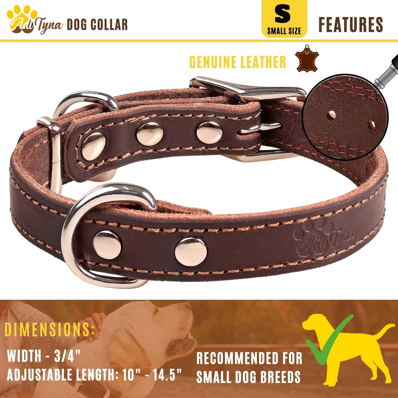 Adityna Heavy Duty Leather Dog Collar For Small Dogs - Small Dog Collar Gift Iddea For Dog Lovers - Soft And Strong Dog Collar For Puppies (Small, Brown)